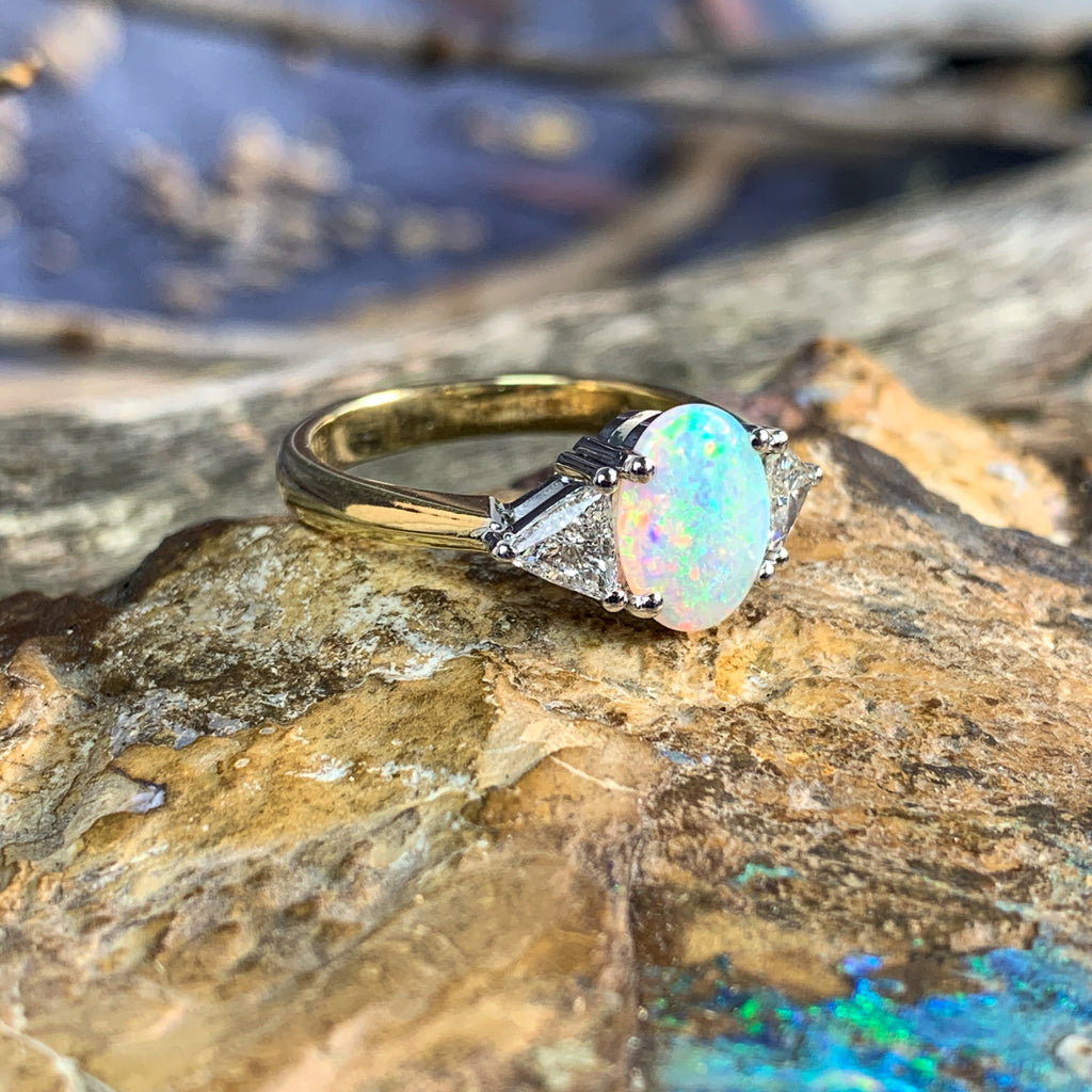 18kt Yellow and White Gold Crystal Opal 1.4ct amd trillion cut diamond ring - Masterpiece Jewellery Opal & Gems Sydney Australia | Online Shop