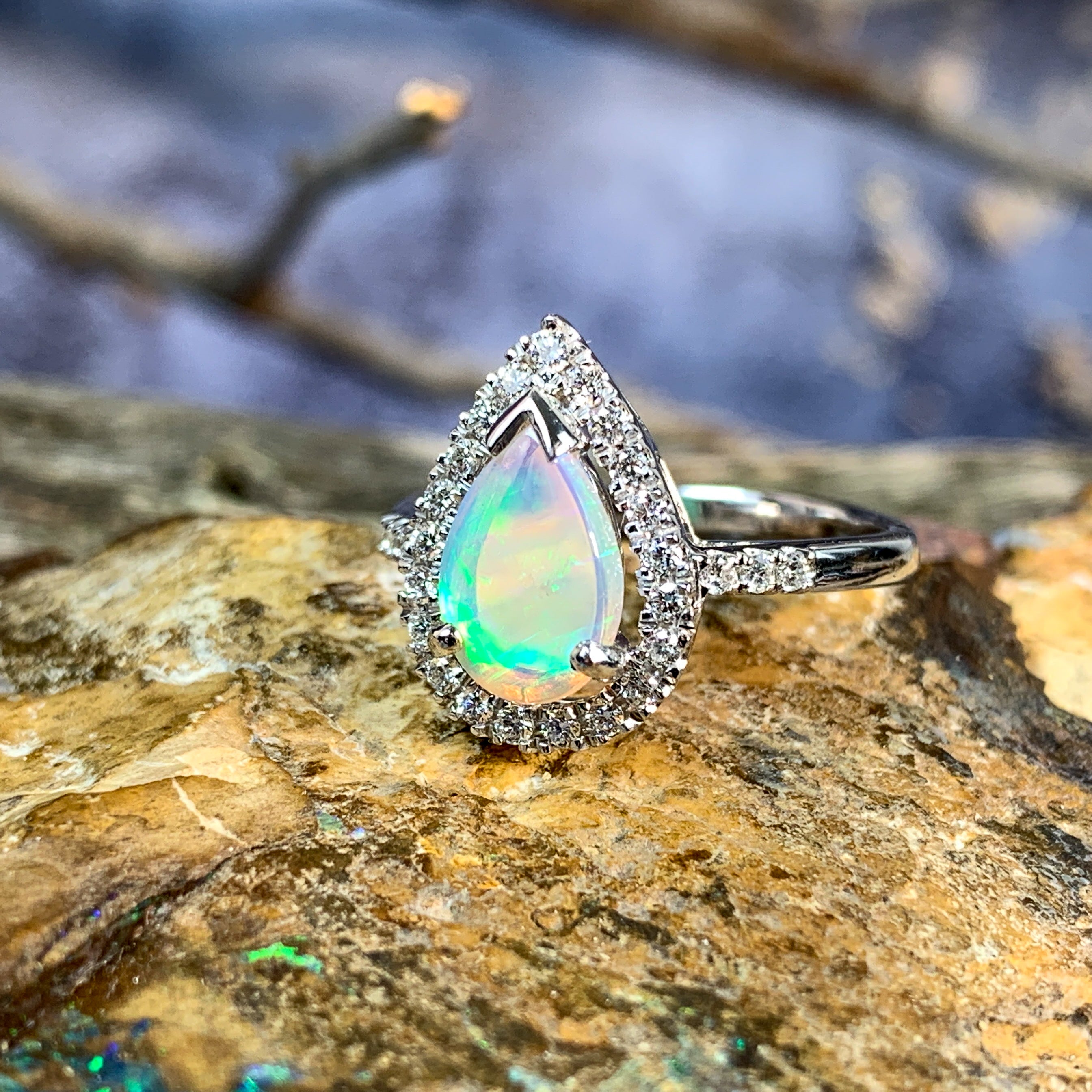 18kt White Gold Pear shape Opal and Diamond ring - Masterpiece Jewellery Opal & Gems Sydney Australia | Online Shop