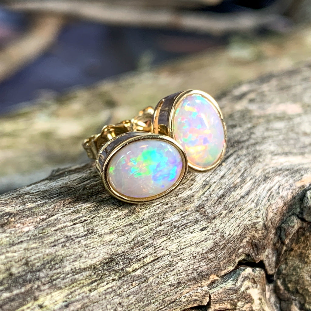 9kt Yellow Gold Oval Opal studs 8x6mm earrings - Masterpiece Jewellery Opal & Gems Sydney Australia | Online Shop