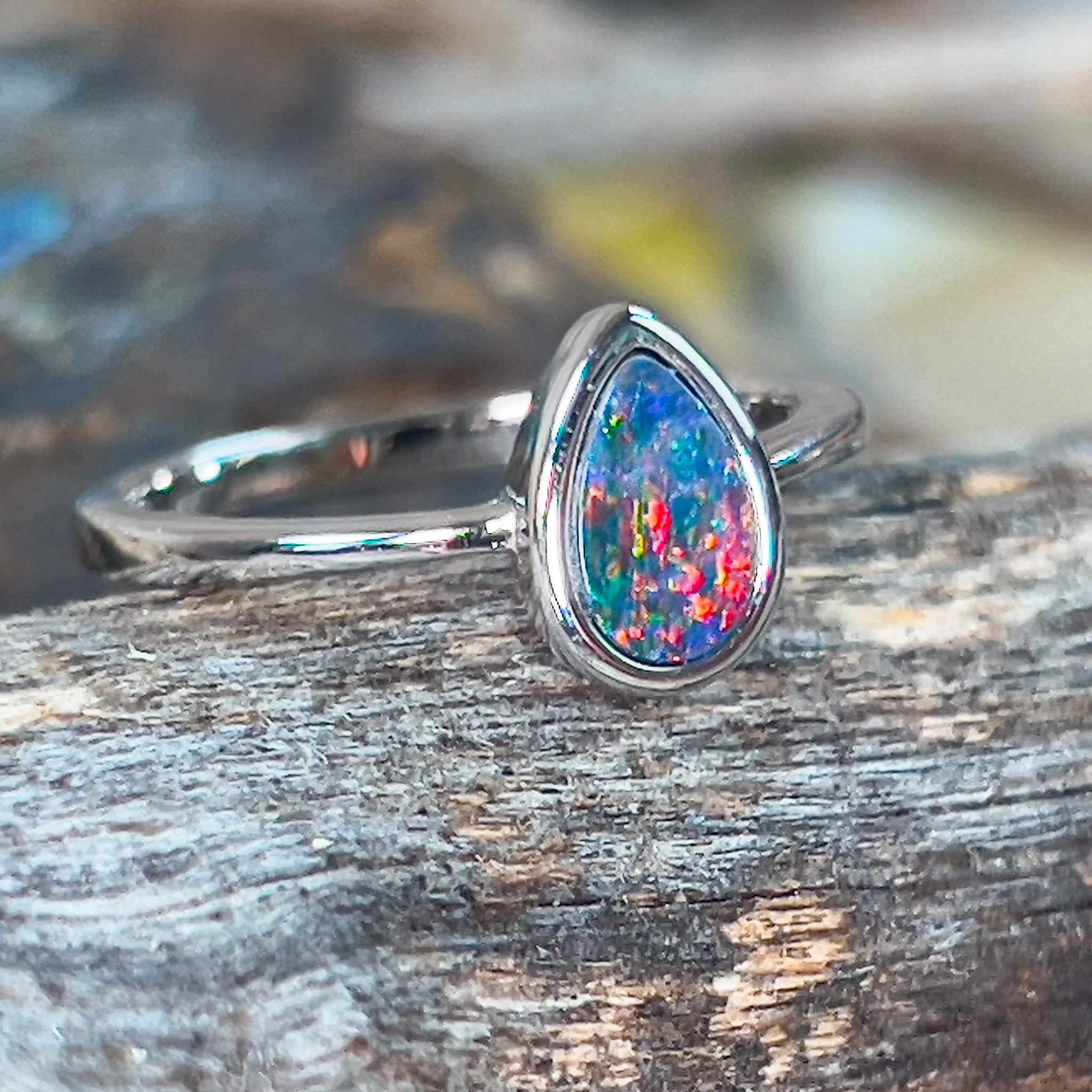 Sterling Silver pear shape opal doublet solitaire ring - Masterpiece Jewellery Opal & Gems Sydney Australia | Online Shop
