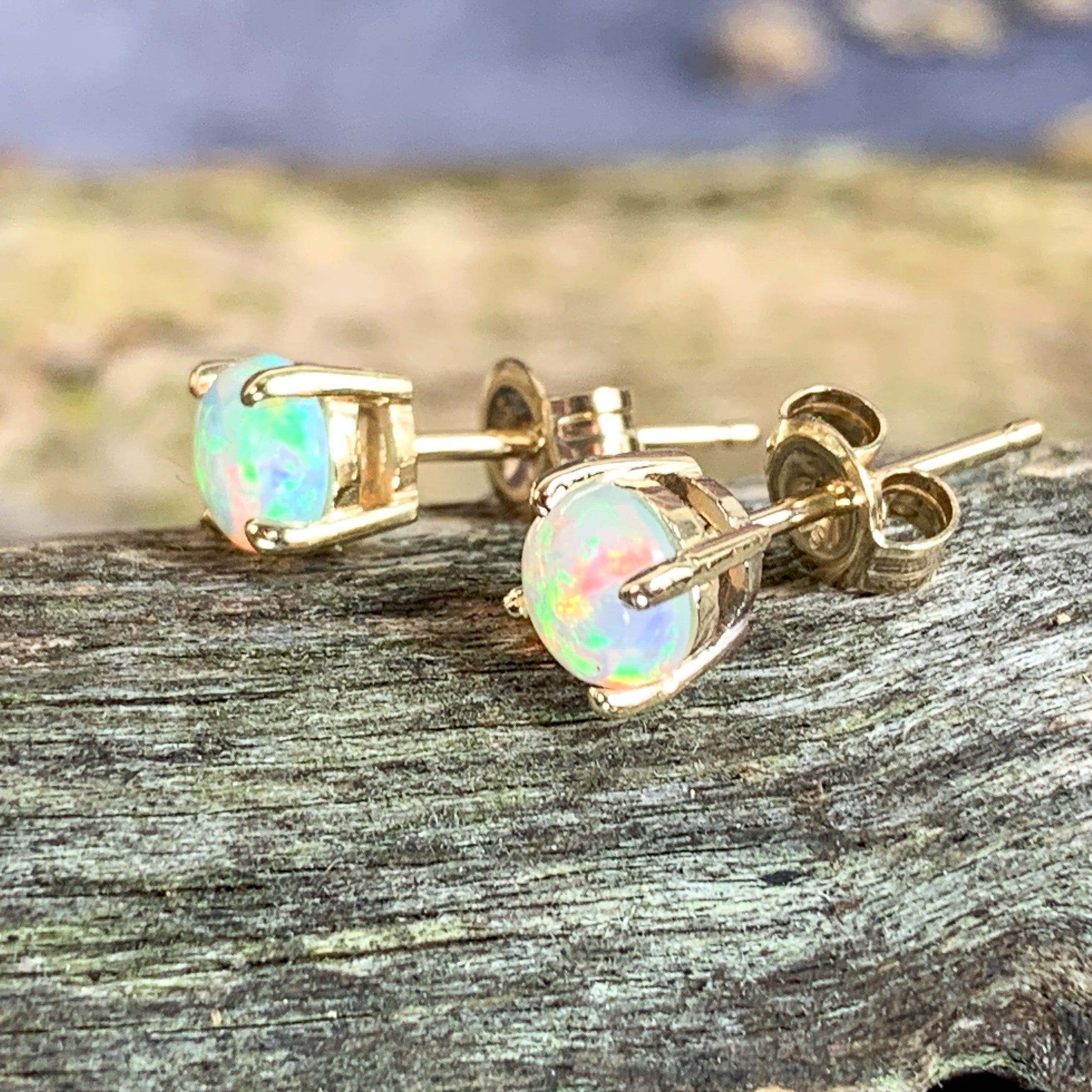 One pair of 9kt Yellow Gold 5mm Round Crystal Opal studs - Masterpiece Jewellery Opal & Gems Sydney Australia | Online Shop