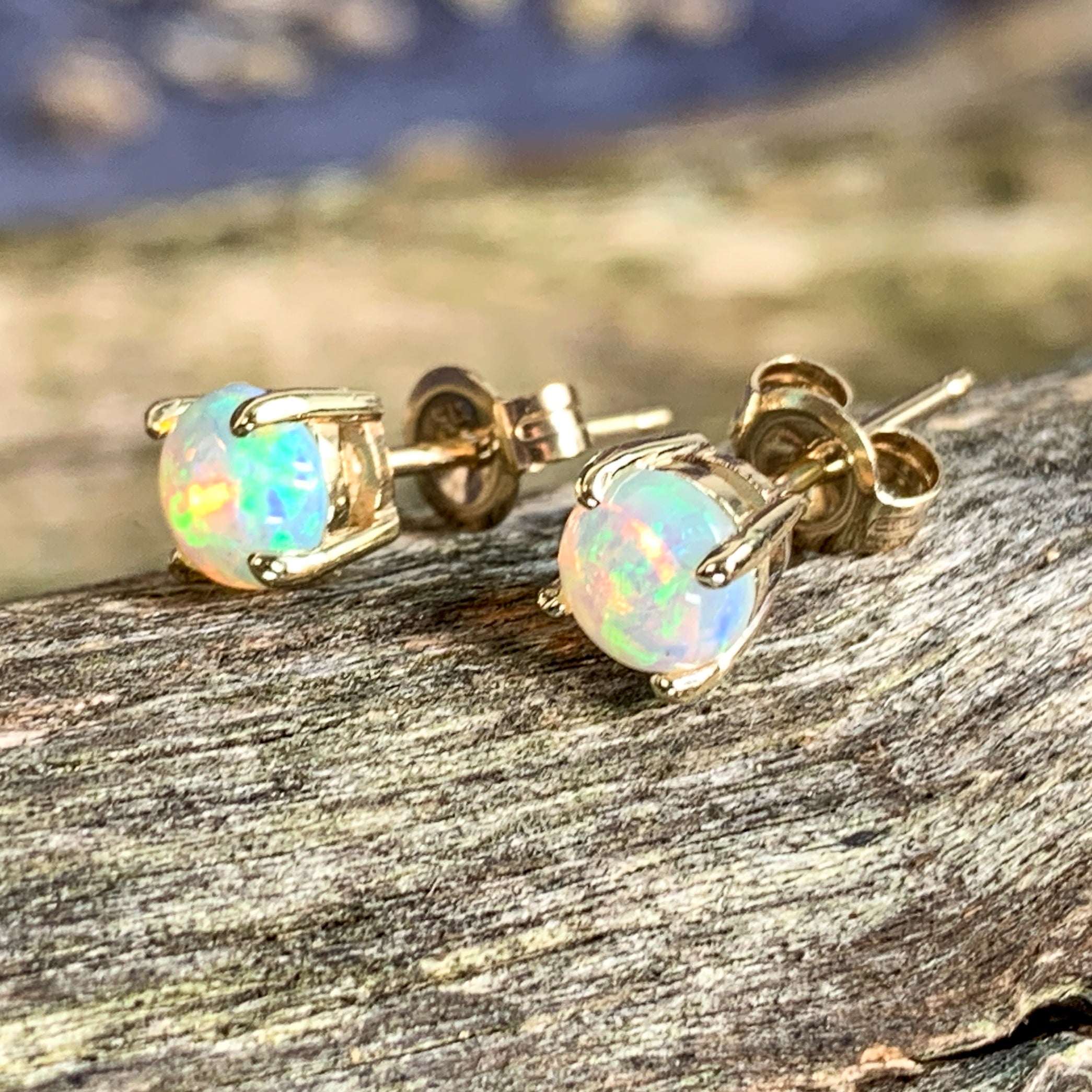 One pair of 9kt Yellow Gold 5mm Round Crystal Opal studs - Masterpiece Jewellery Opal & Gems Sydney Australia | Online Shop