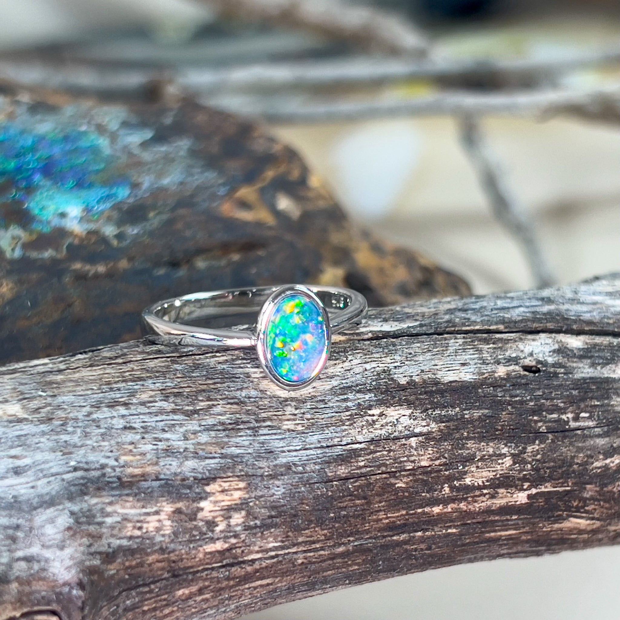 Sterling Silver Opal solitaire 9x7mm doublet bezel ring - Masterpiece Jewellery Opal & Gems Sydney Australia | Online Shop