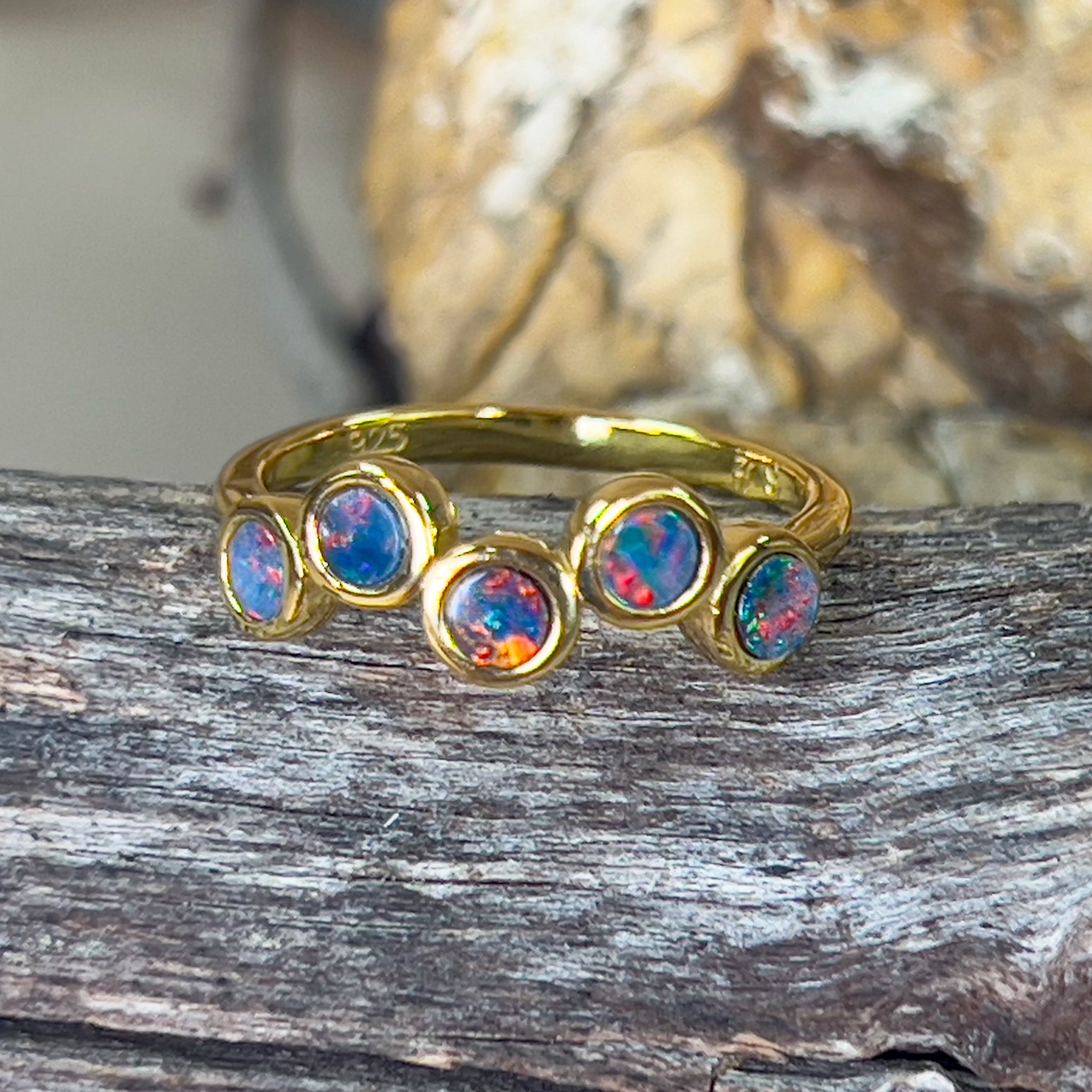 Gold plated silver shaped half eternity band Opal doublet - Masterpiece Jewellery Opal & Gems Sydney Australia | Online Shop