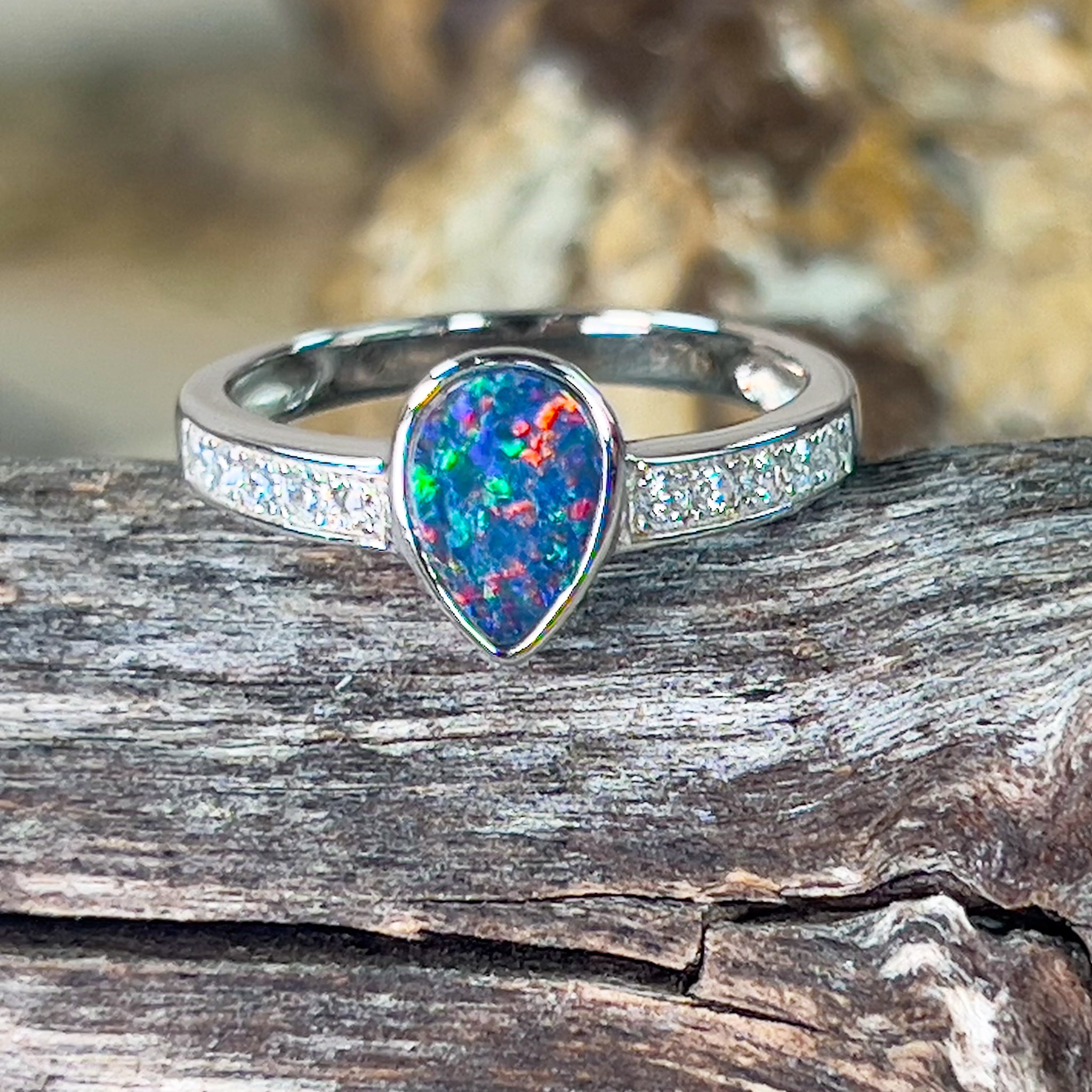 Sterling Silver pearshape Opal doublet and cubic zirconia band ring - Masterpiece Jewellery Opal & Gems Sydney Australia | Online Shop