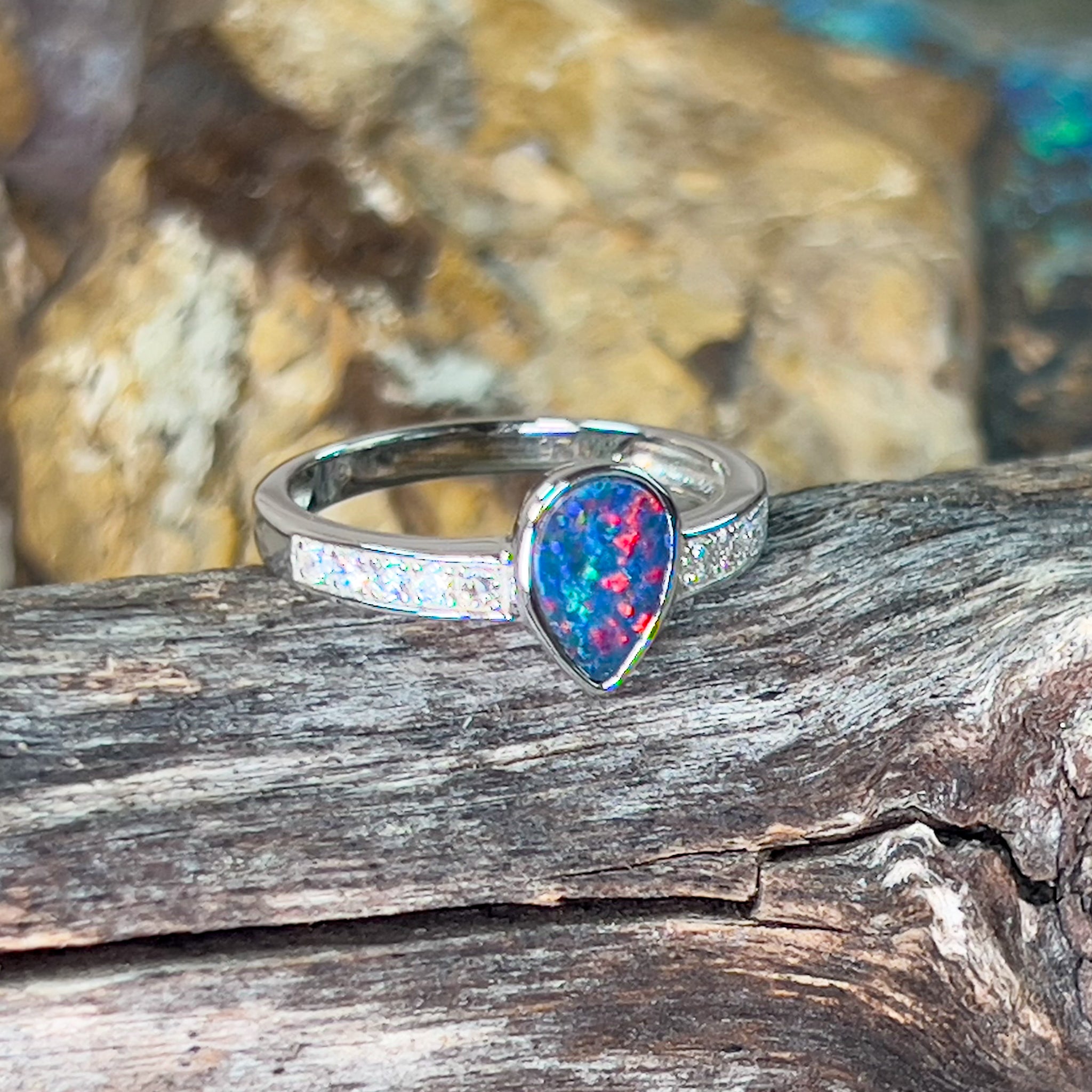 Sterling Silver pearshape Opal doublet and cubic zirconia band ring - Masterpiece Jewellery Opal & Gems Sydney Australia | Online Shop