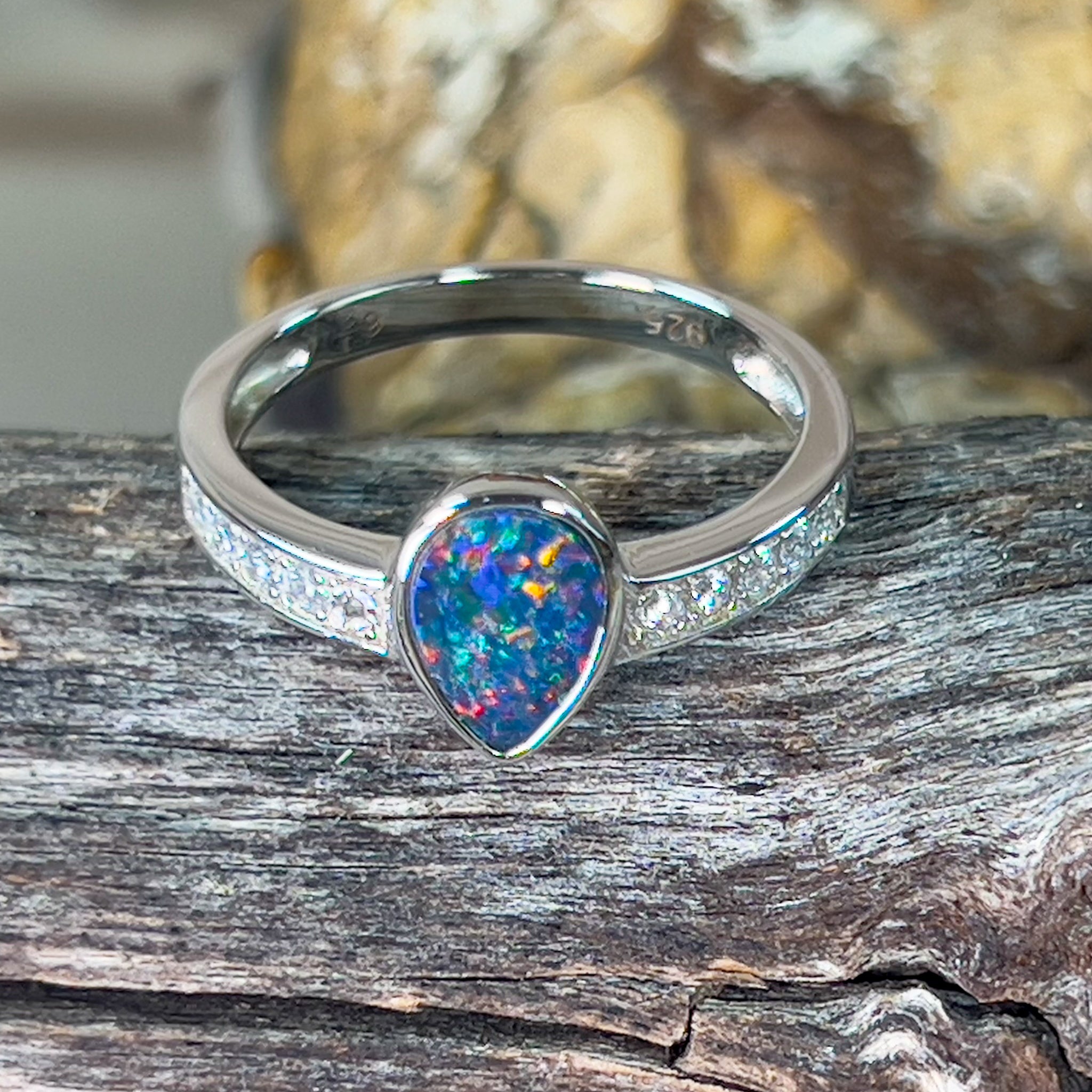 Sterling Silver pearshape Opal doublet and cubic zirconia band ring - Masterpiece Jewellery Opal & Gems Sydney Australia | Online Shop