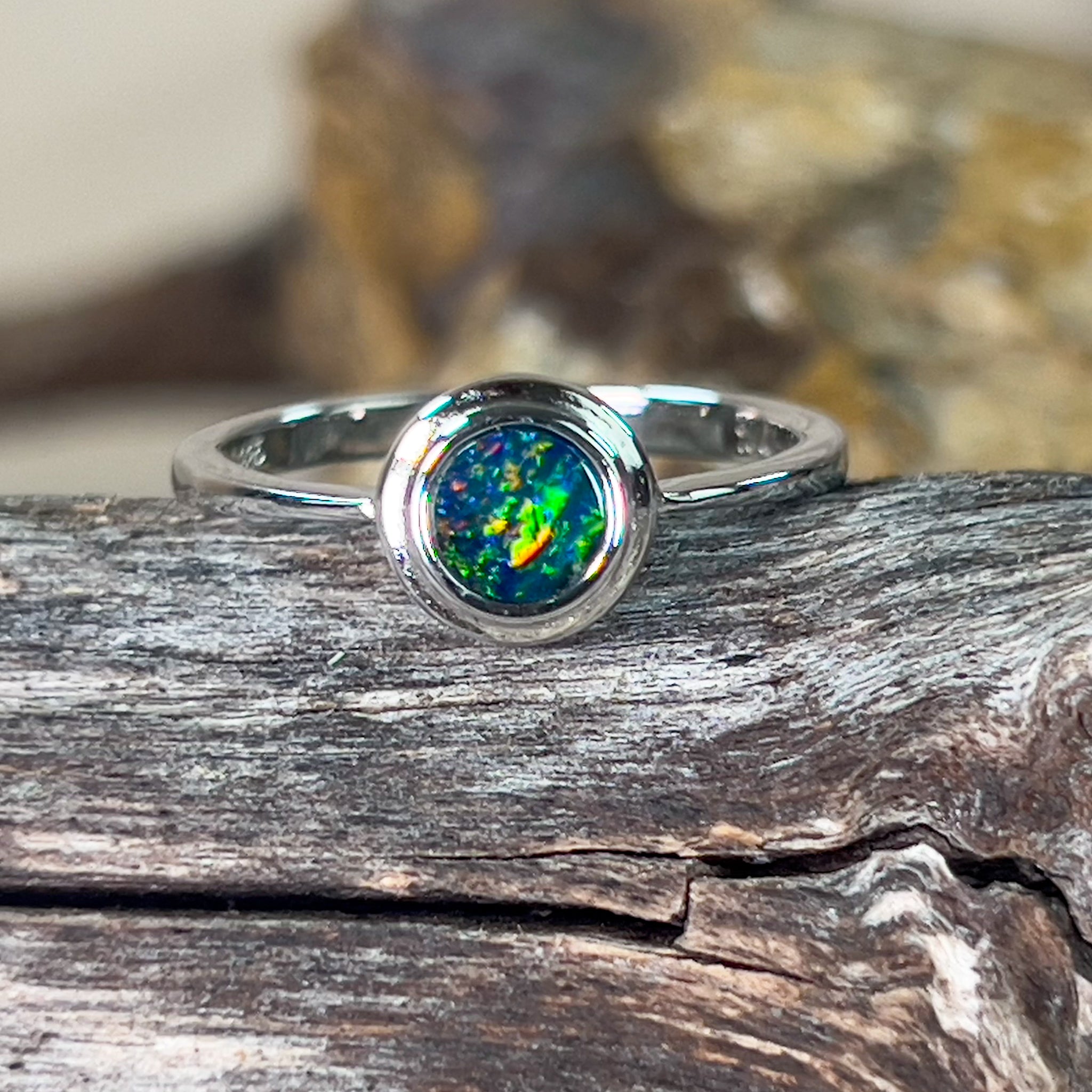 Sterling Silver round Opal doublet bezel double tier ring - Masterpiece Jewellery Opal & Gems Sydney Australia | Online Shop