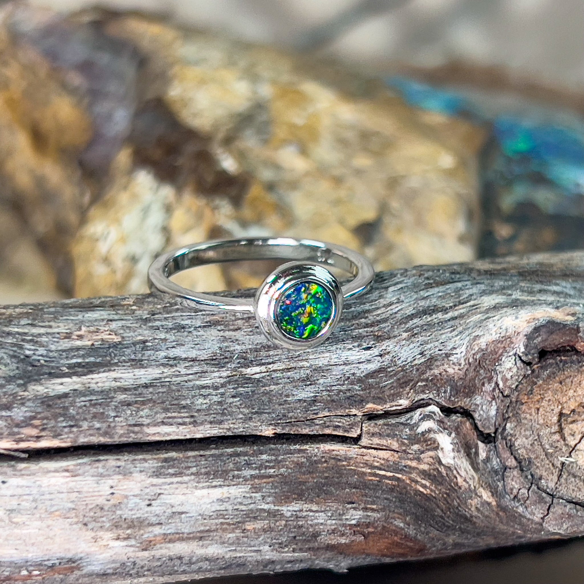 Sterling Silver round Opal doublet bezel double tier ring - Masterpiece Jewellery Opal & Gems Sydney Australia | Online Shop