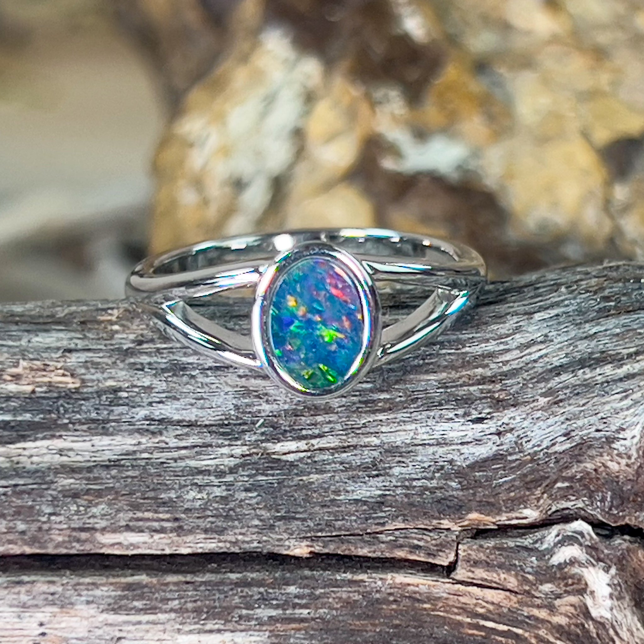 Sterling Silver oval 8x6mm Opal doublet split shank ring - Masterpiece Jewellery Opal & Gems Sydney Australia | Online Shop
