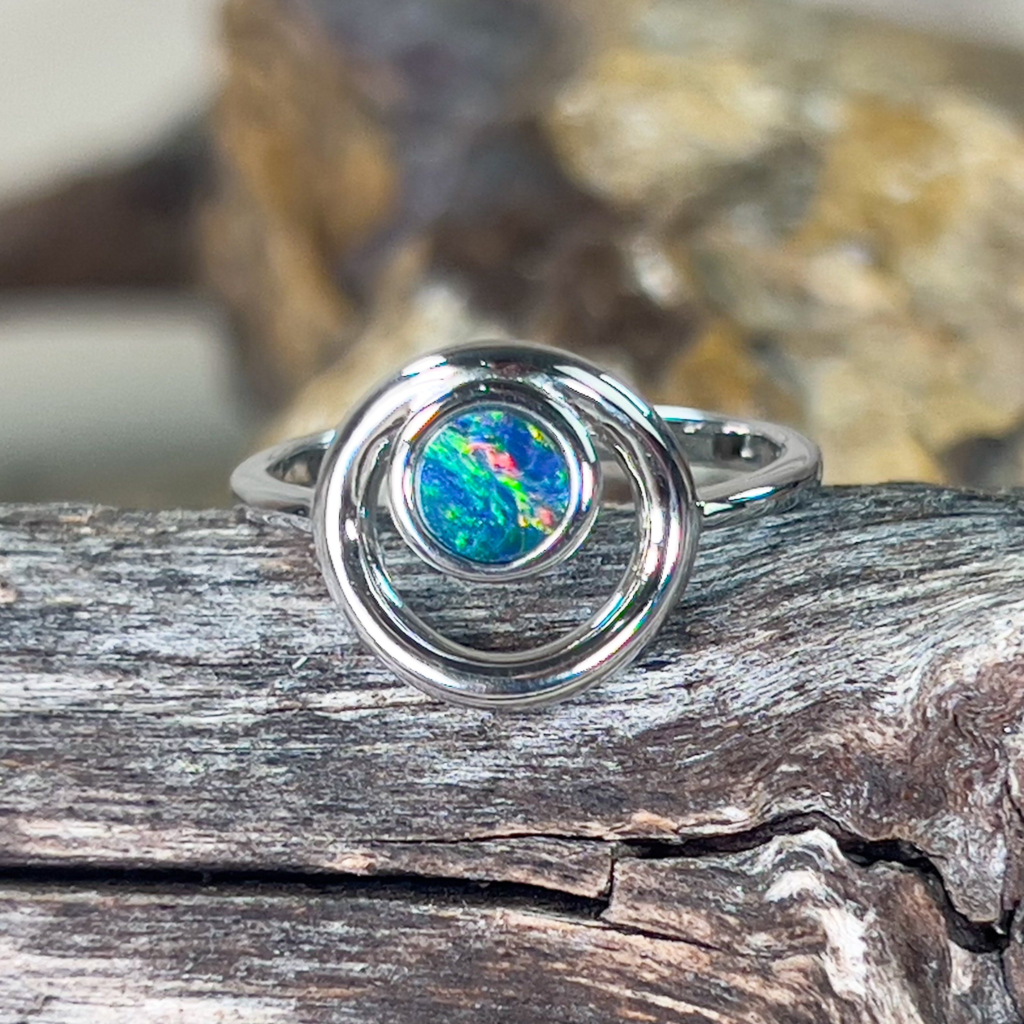 Sterling Silver round 6mm Opal doublet circle design ring - Masterpiece Jewellery Opal & Gems Sydney Australia | Online Shop