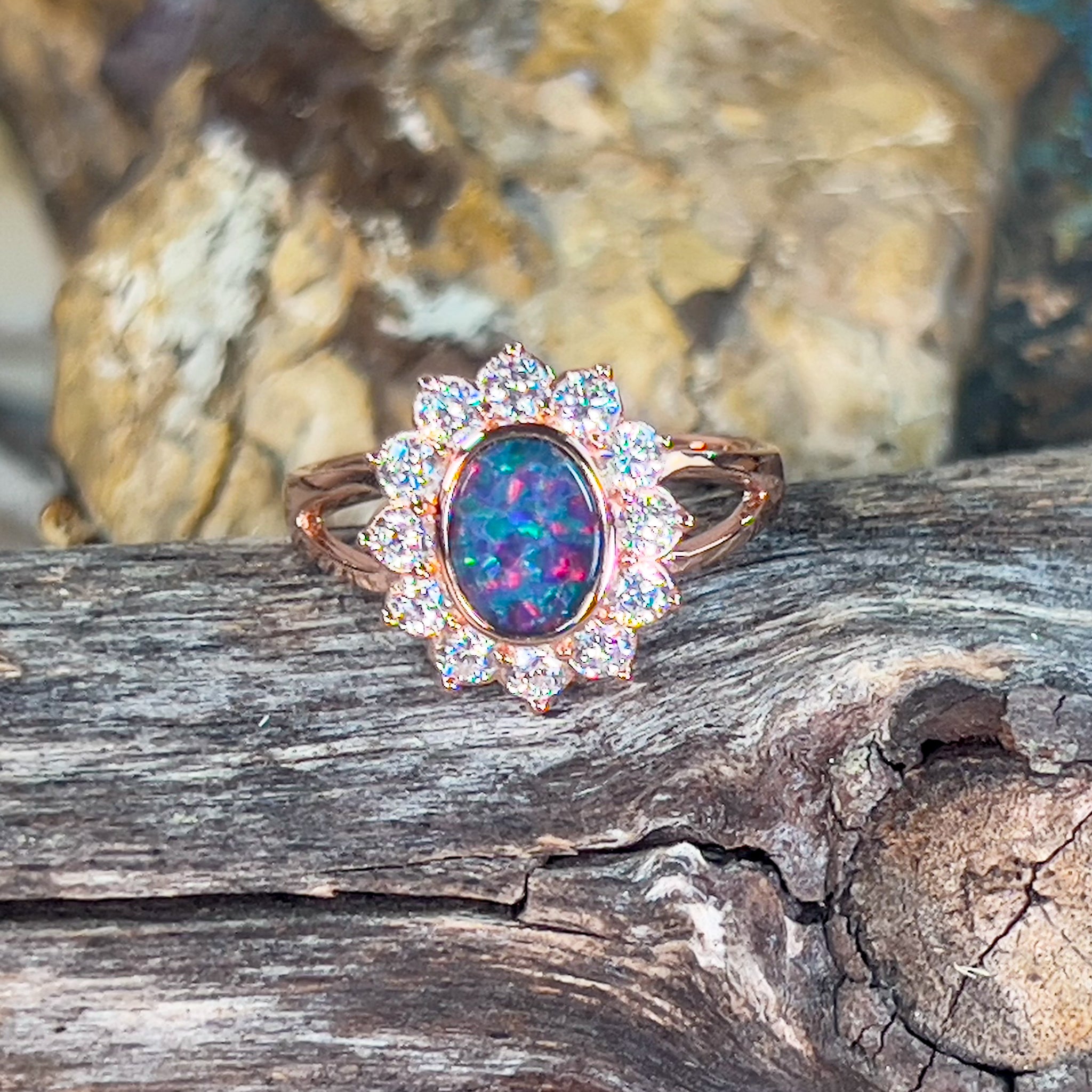 Rose Gold sterling silver cluster ring with one Opal doublet ring - Masterpiece Jewellery Opal & Gems Sydney Australia | Online Shop