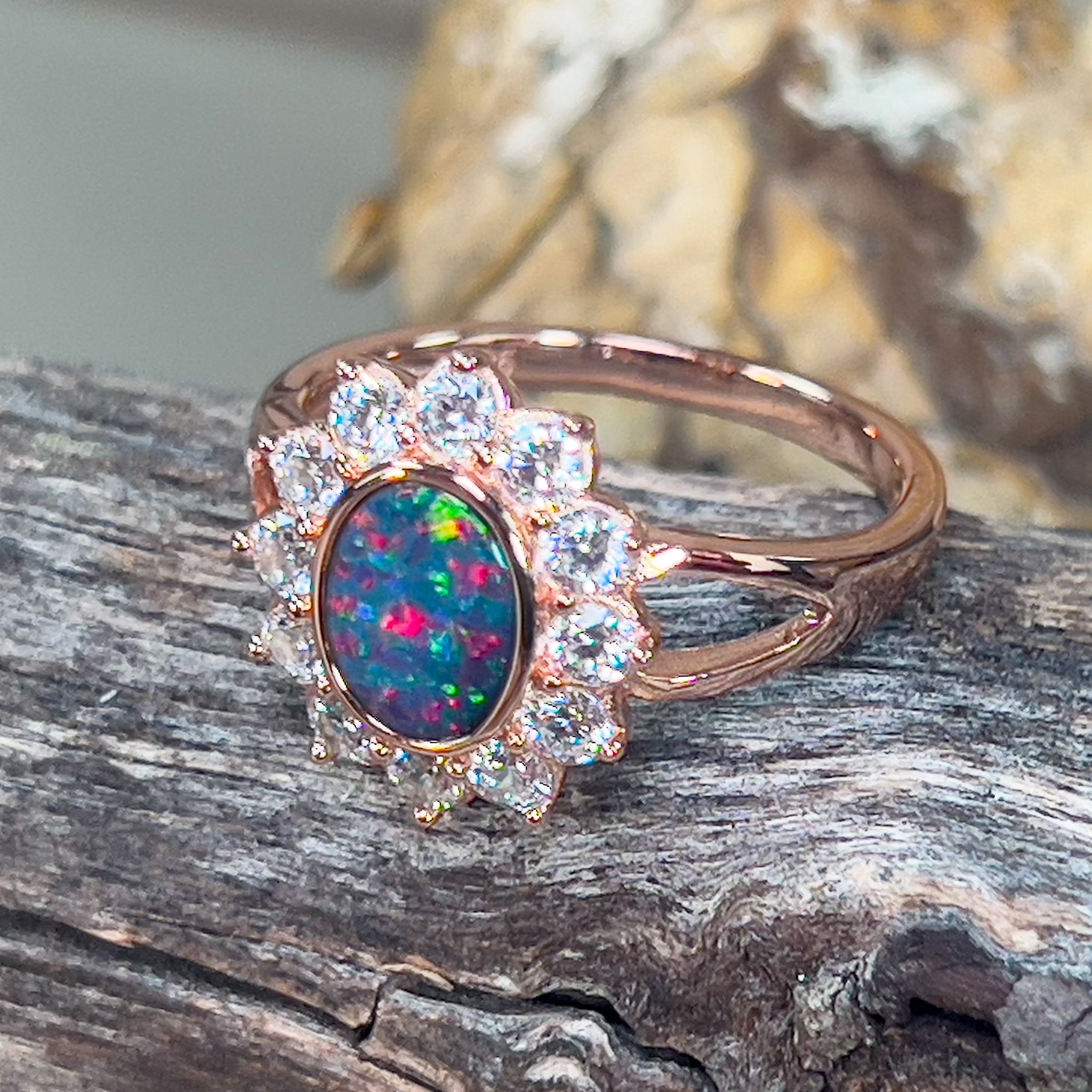 Rose Gold sterling silver cluster ring with one Opal doublet ring - Masterpiece Jewellery Opal & Gems Sydney Australia | Online Shop
