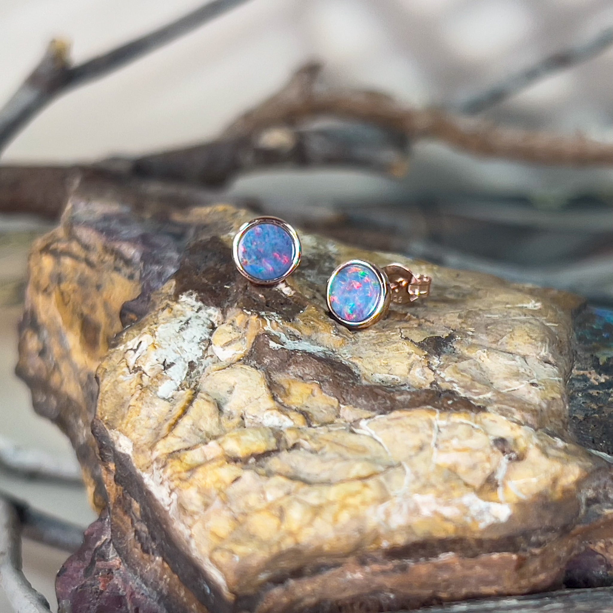 Rose Gold plated Silver 6.5mm Round Opal doublet studs - Masterpiece Jewellery Opal & Gems Sydney Australia | Online Shop