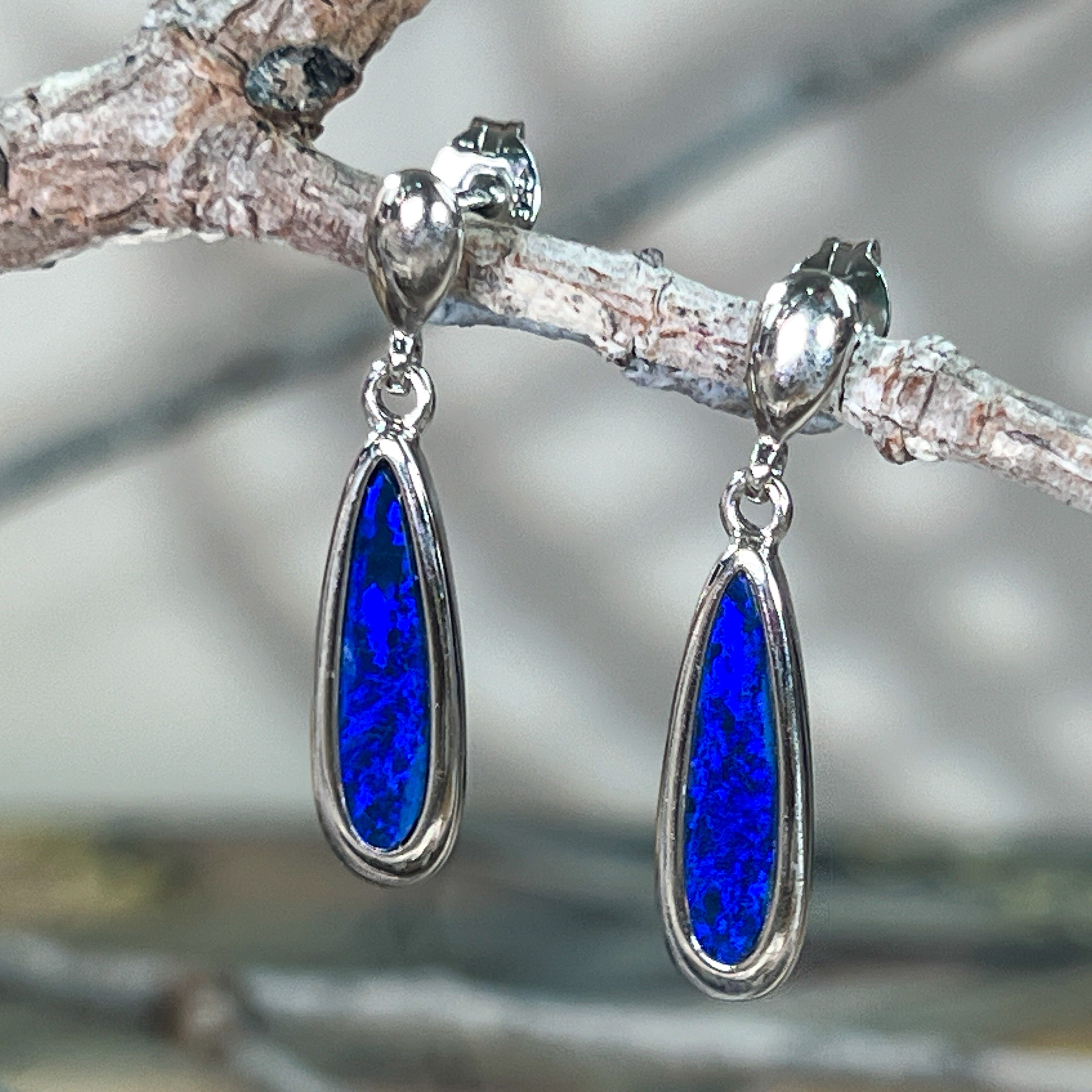 Sterling Silver dangling long drop earrings with blue opal doublets - Masterpiece Jewellery Opal & Gems Sydney Australia | Online Shop