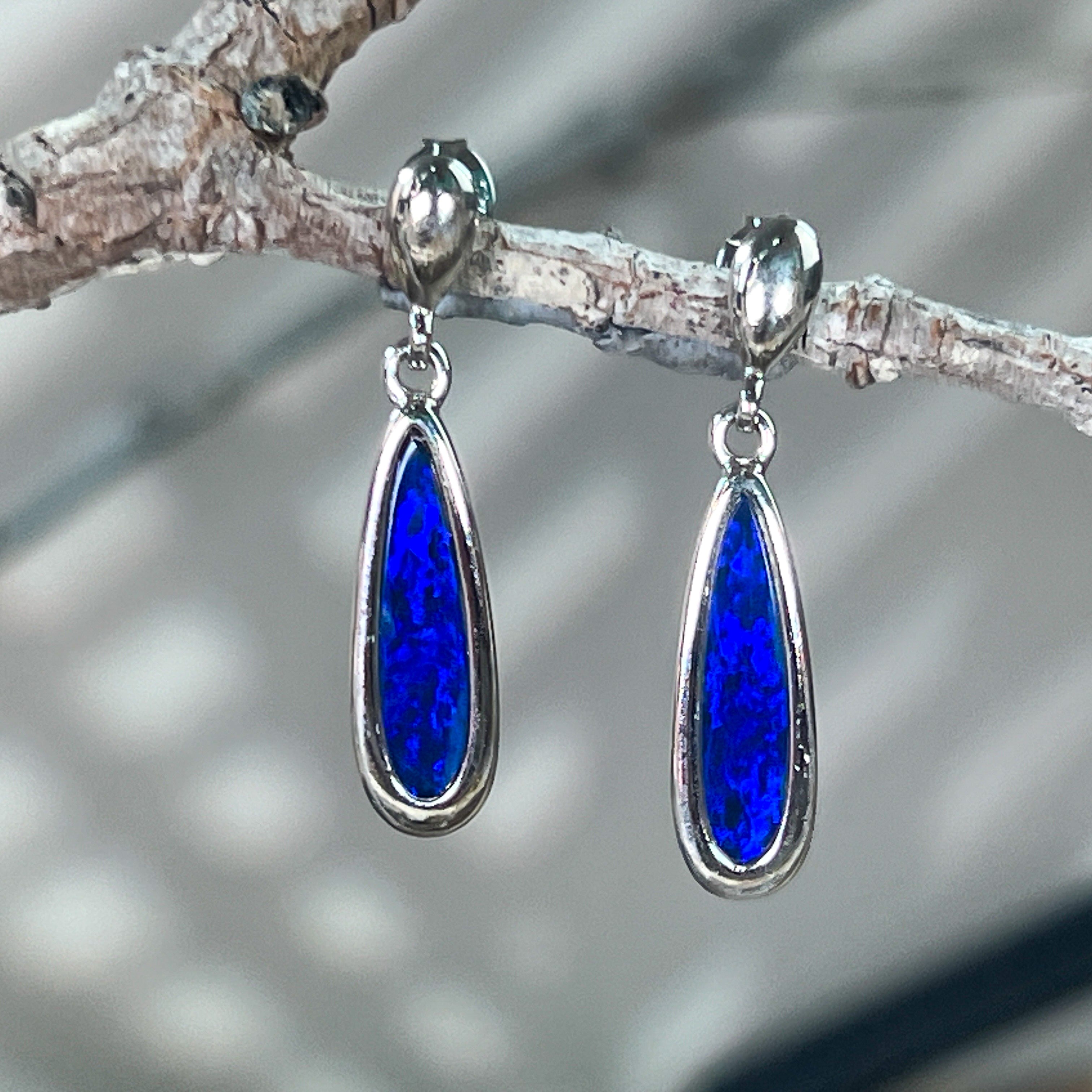 Sterling Silver dangling long drop earrings with blue opal doublets - Masterpiece Jewellery Opal & Gems Sydney Australia | Online Shop