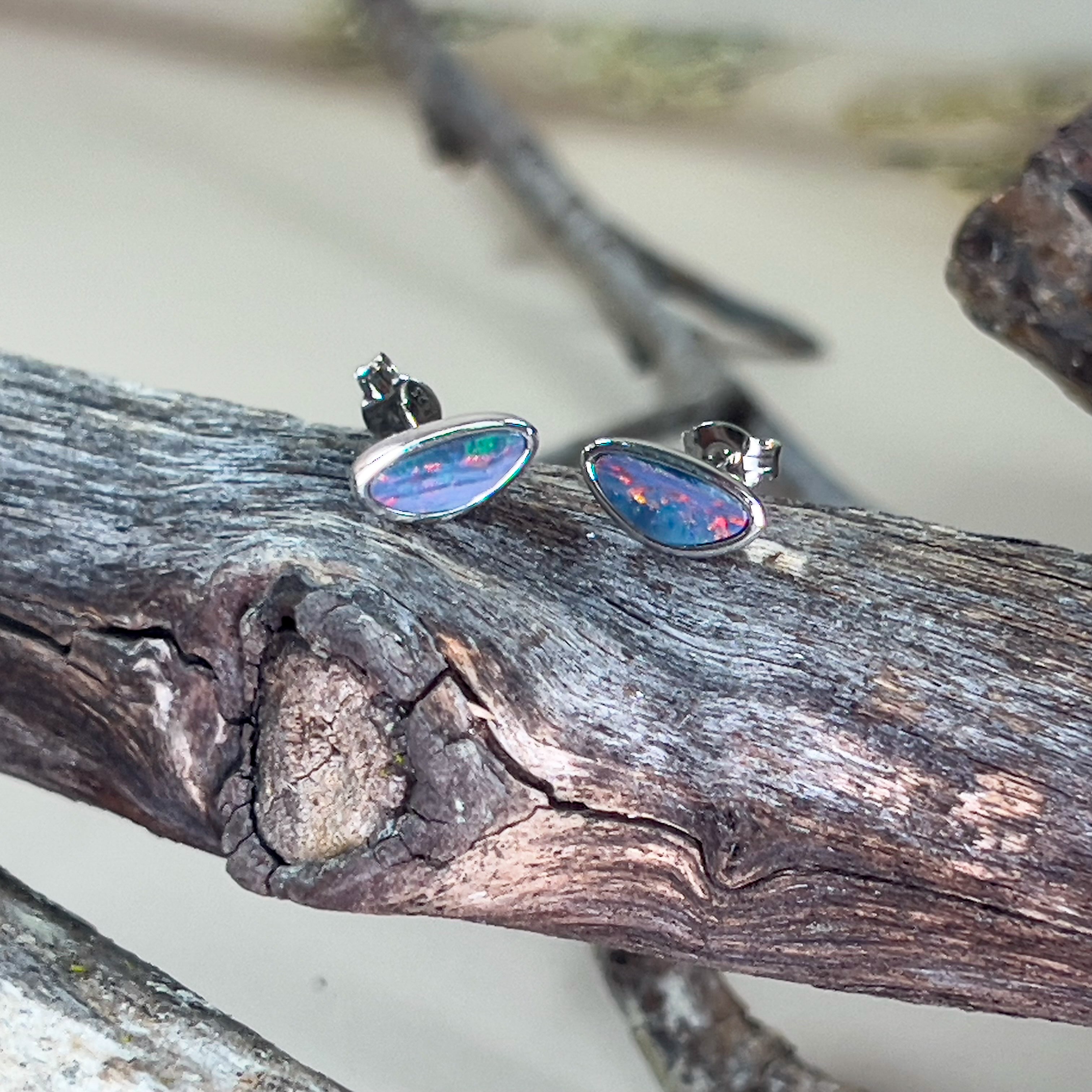 Sterling Silver freeform Opal doublet studs line pattern - Masterpiece Jewellery Opal & Gems Sydney Australia | Online Shop