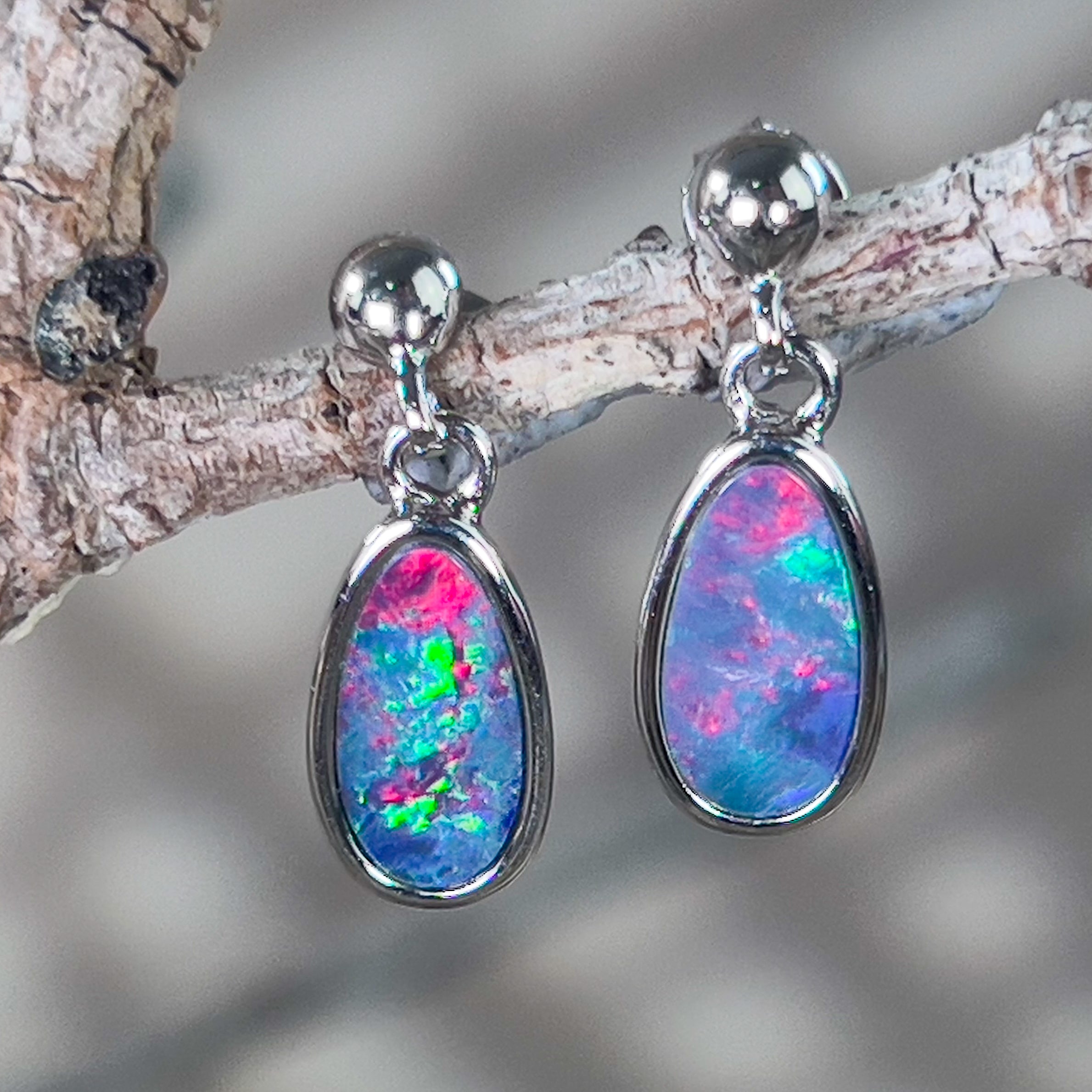 Sterling Silver dangling Fire opal blue doublet earrings - Masterpiece Jewellery Opal & Gems Sydney Australia | Online Shop