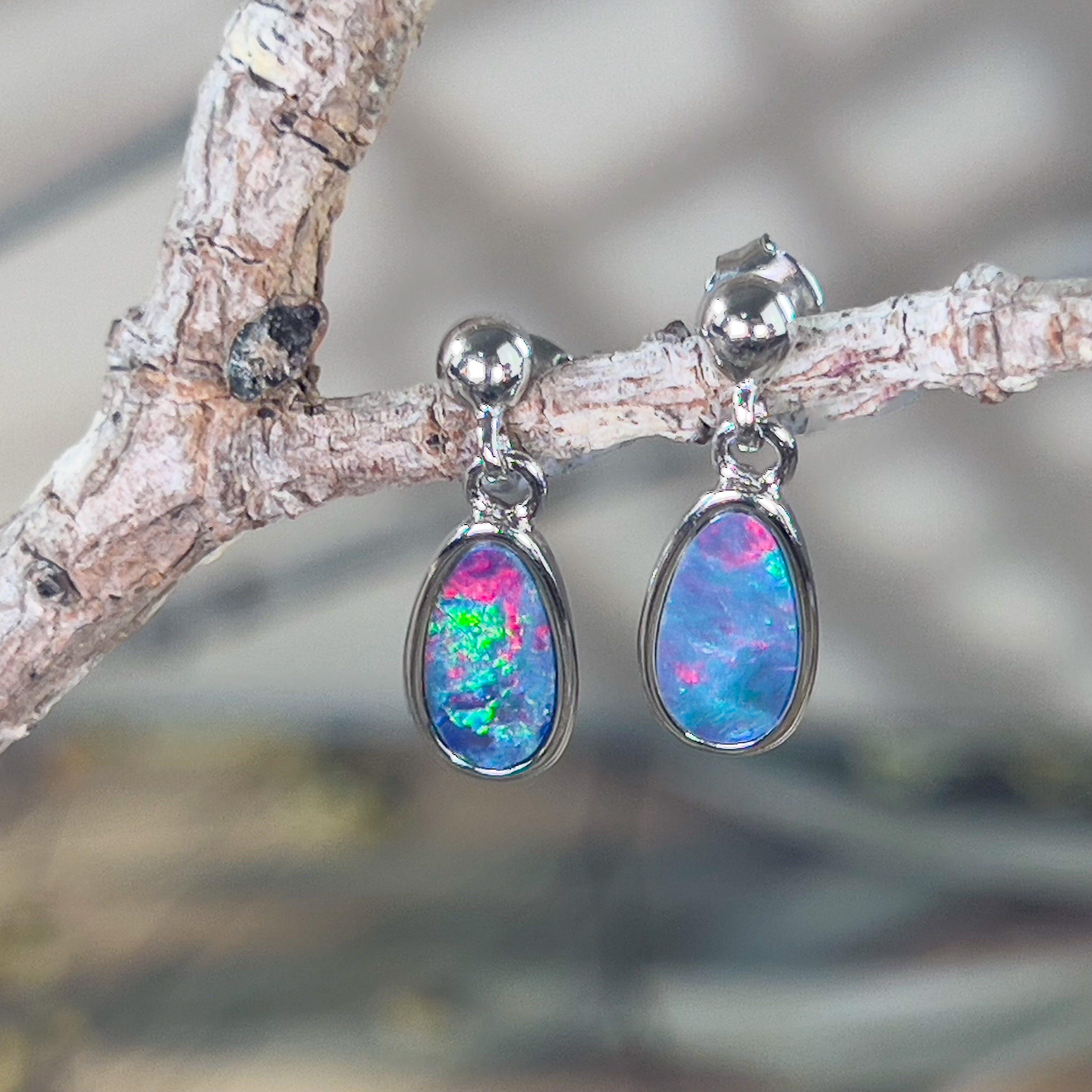 Sterling Silver dangling Fire opal blue doublet earrings - Masterpiece Jewellery Opal & Gems Sydney Australia | Online Shop
