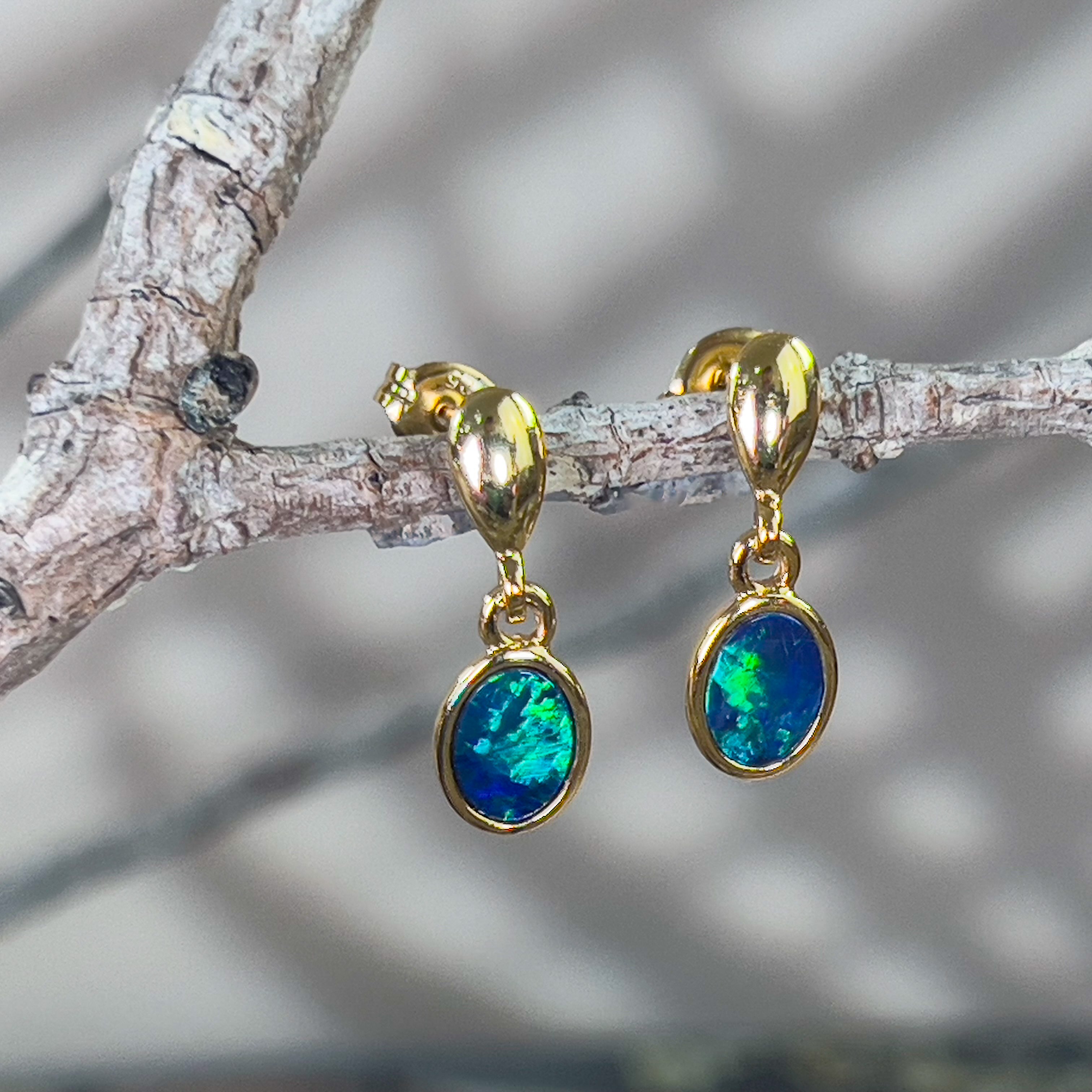 Gold plated dangling silver green blue opal doublet earring dangling - Masterpiece Jewellery Opal & Gems Sydney Australia | Online Shop