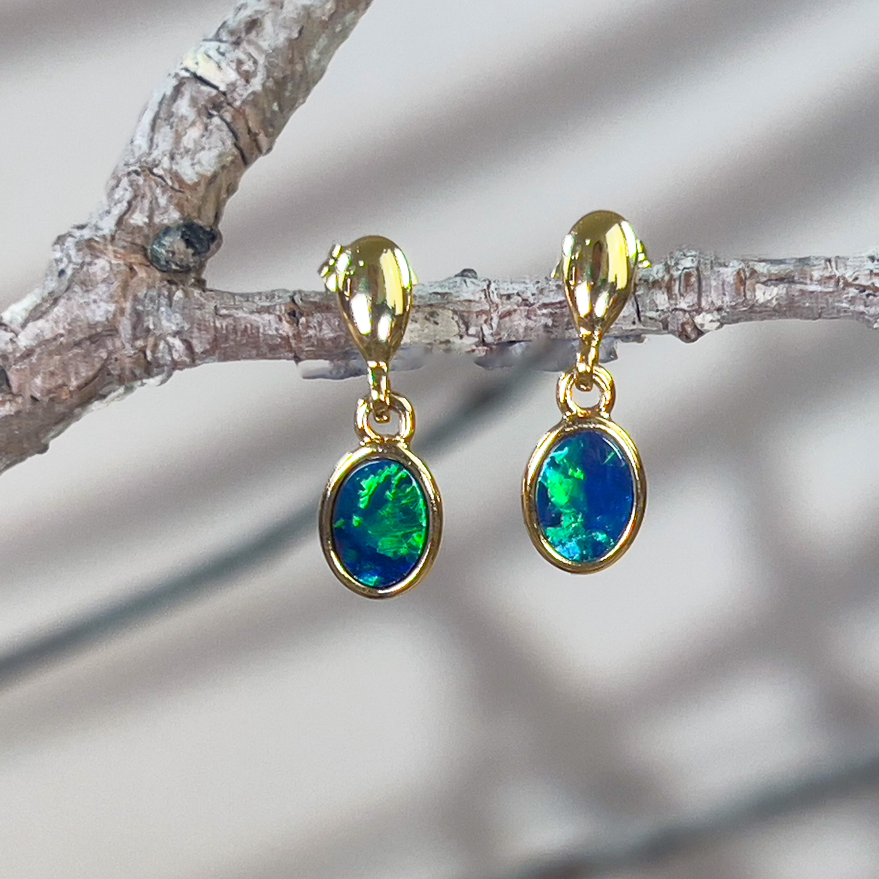 Gold plated dangling silver green blue opal doublet earring dangling - Masterpiece Jewellery Opal & Gems Sydney Australia | Online Shop