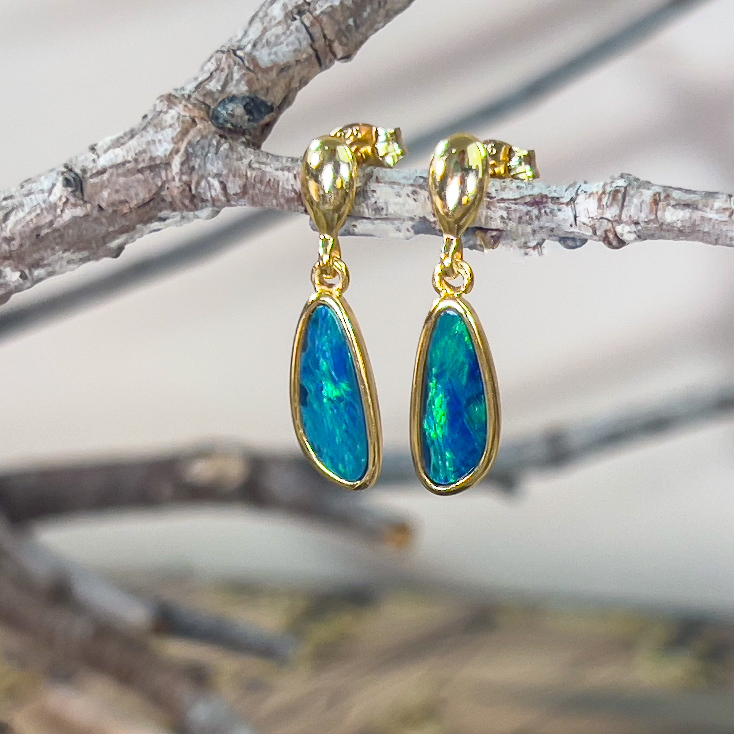 Gold plated Opal doublet dangling earrings green Opal - Masterpiece Jewellery Opal & Gems Sydney Australia | Online Shop