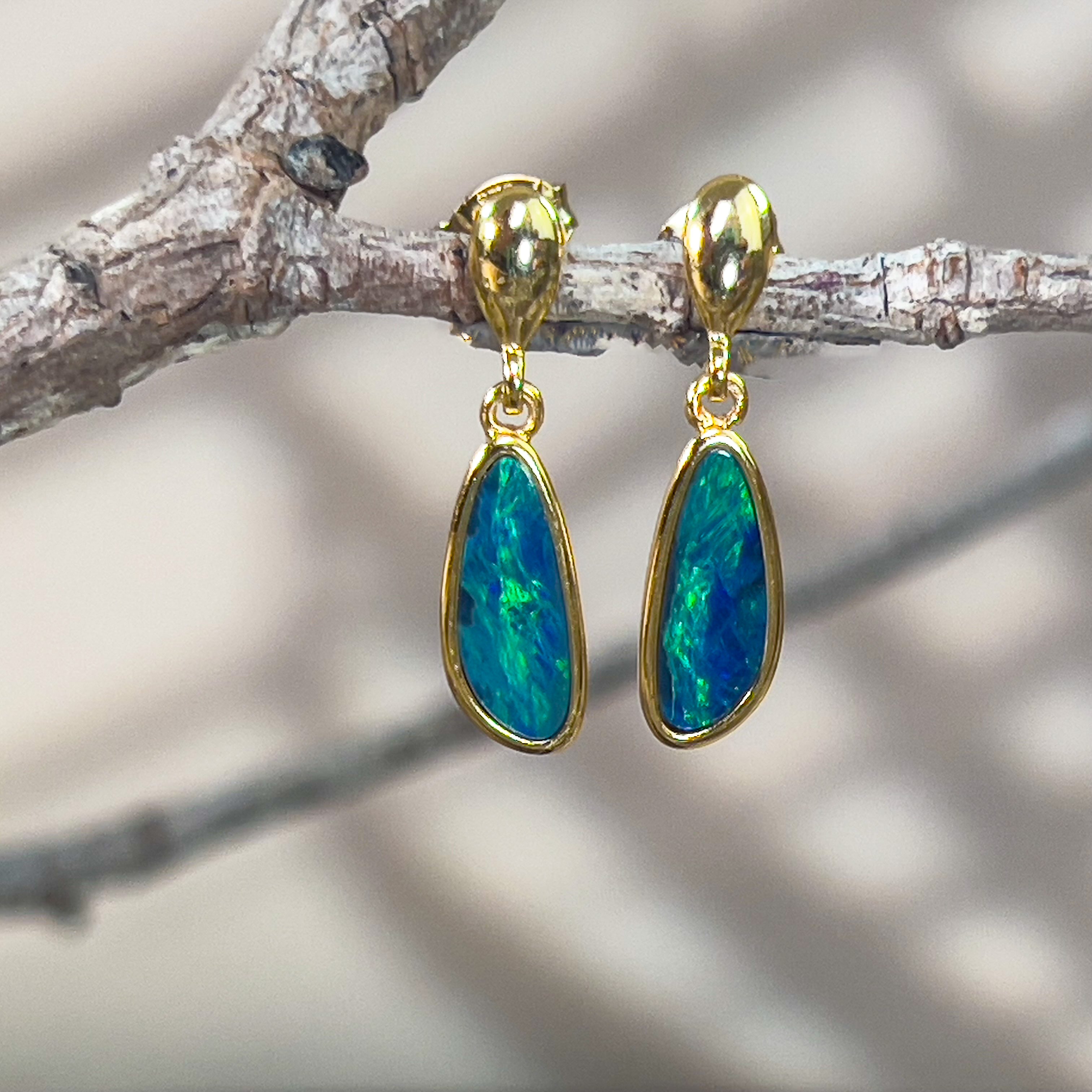 Gold plated Opal doublet dangling earrings green Opal - Masterpiece Jewellery Opal & Gems Sydney Australia | Online Shop