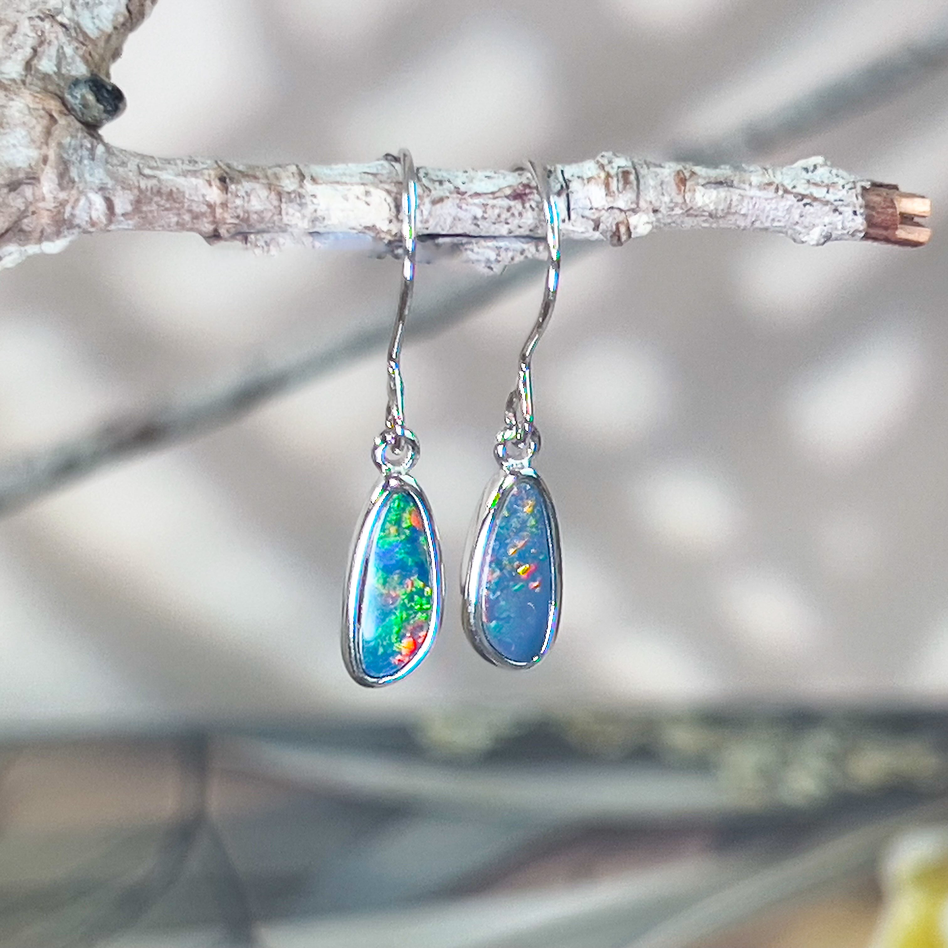 Sterling Silver dangling freeform triangle shape Opal doublet earrings - Masterpiece Jewellery Opal & Gems Sydney Australia | Online Shop
