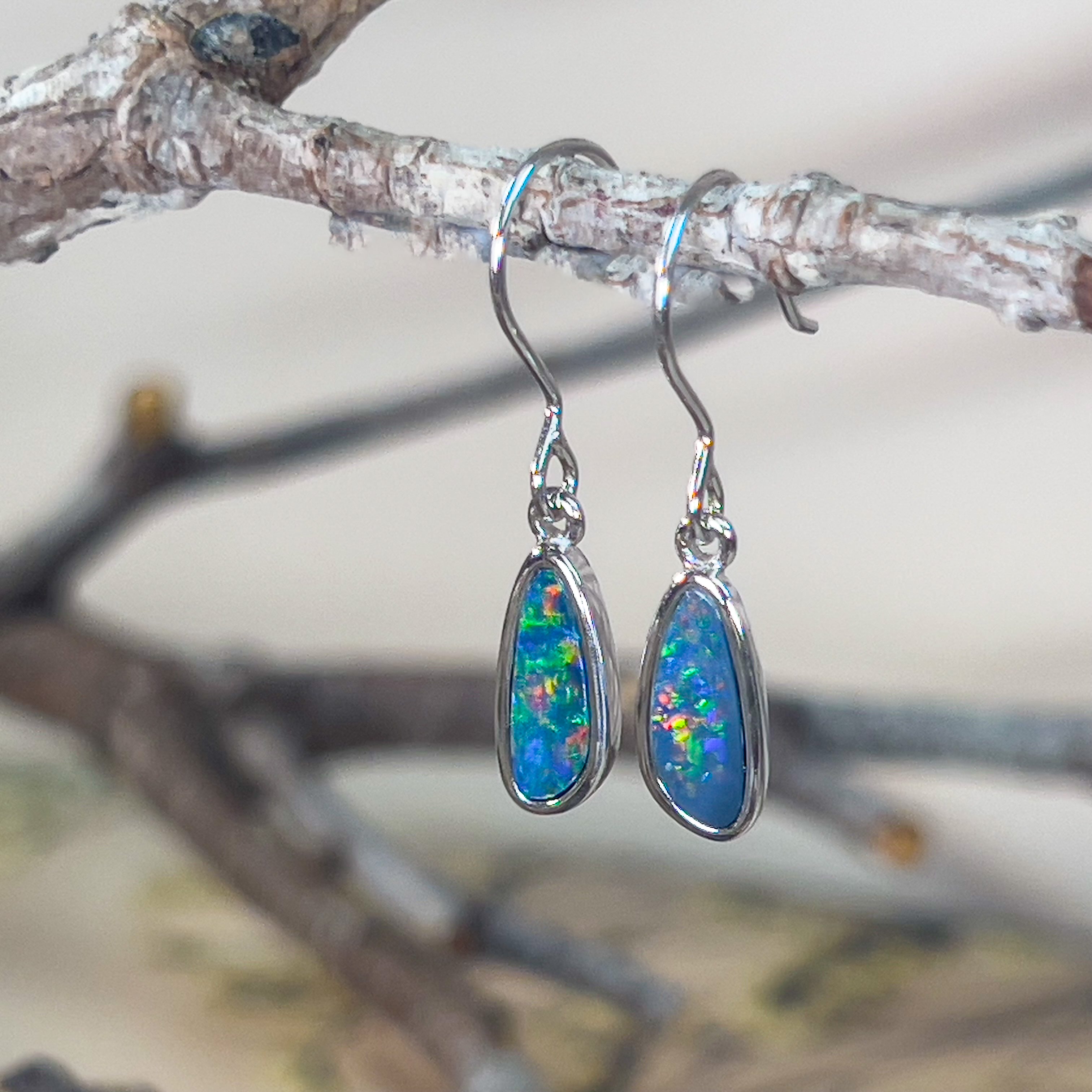 Sterling Silver dangling freeform triangle shape Opal doublet earrings - Masterpiece Jewellery Opal & Gems Sydney Australia | Online Shop