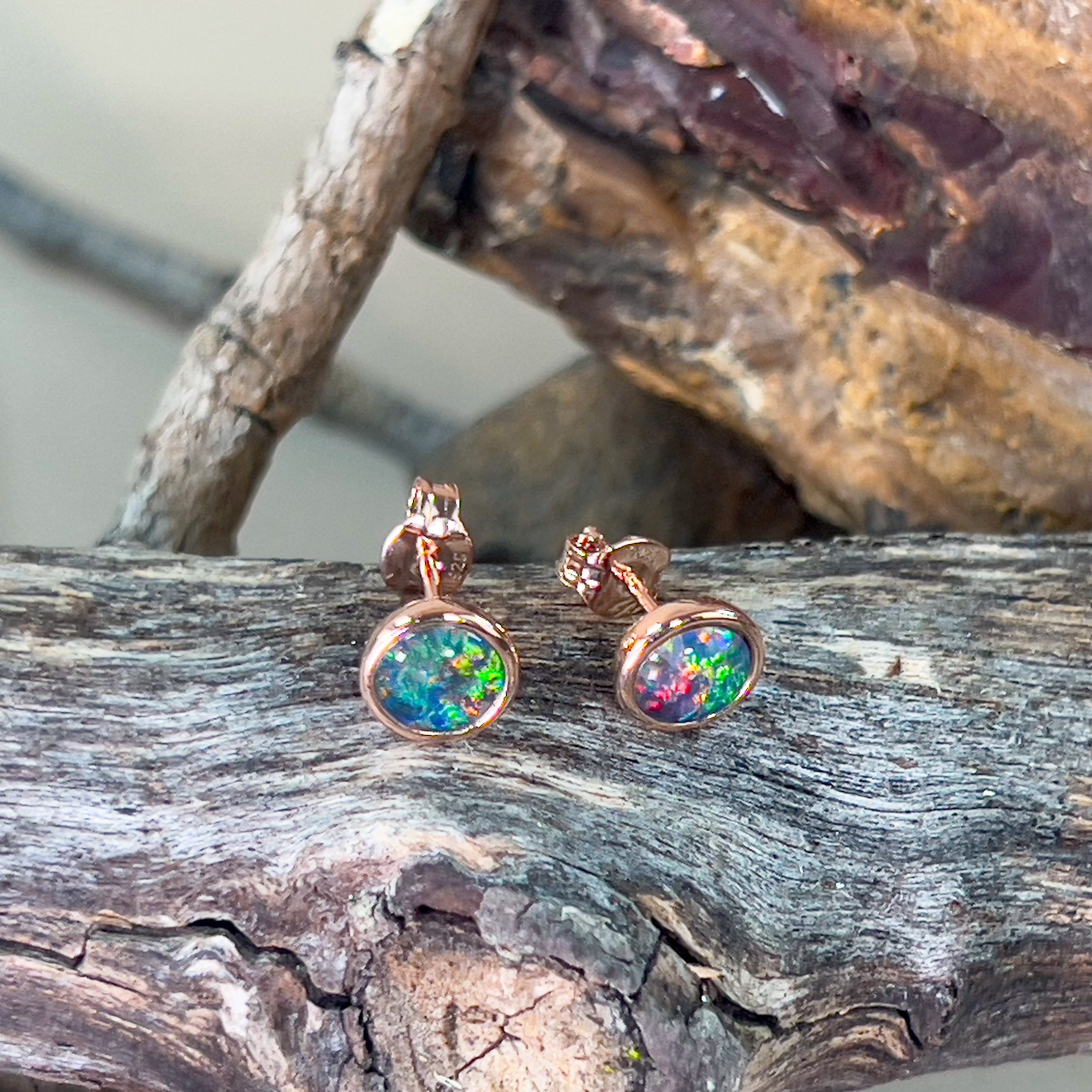 Rose Gold plated opal triplet 6mm round studs - Masterpiece Jewellery Opal & Gems Sydney Australia | Online Shop