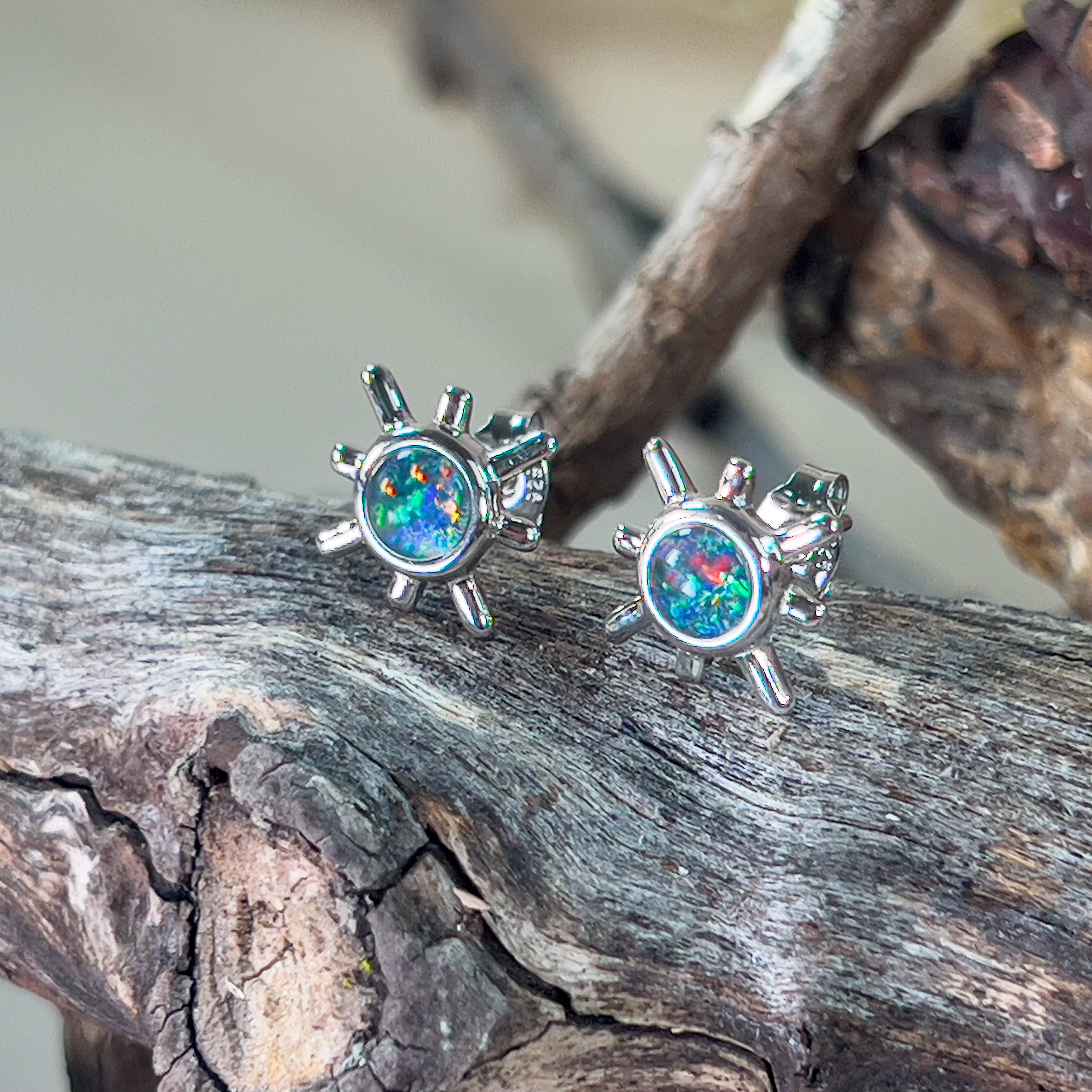 Sterling Silver round 6mm Opal triplet star ray studs - Masterpiece Jewellery Opal & Gems Sydney Australia | Online Shop