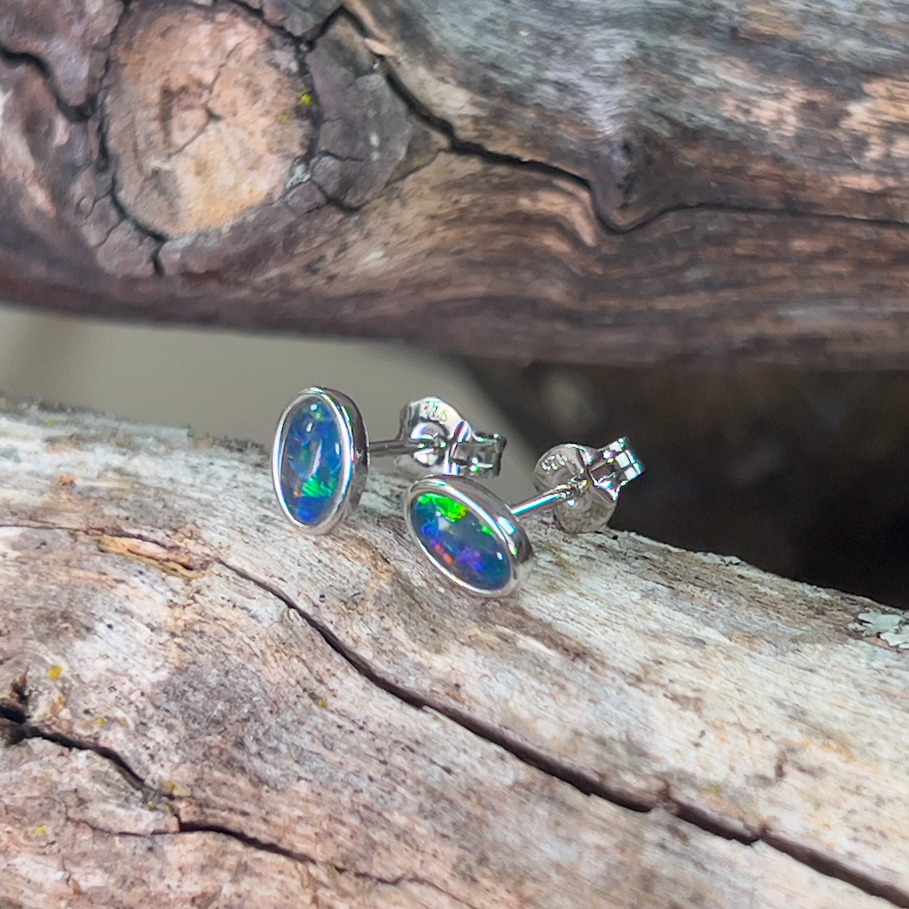 Sterling Silver 7x5mm Opal triplet gem bezel set earrings - Masterpiece Jewellery Opal & Gems Sydney Australia | Online Shop
