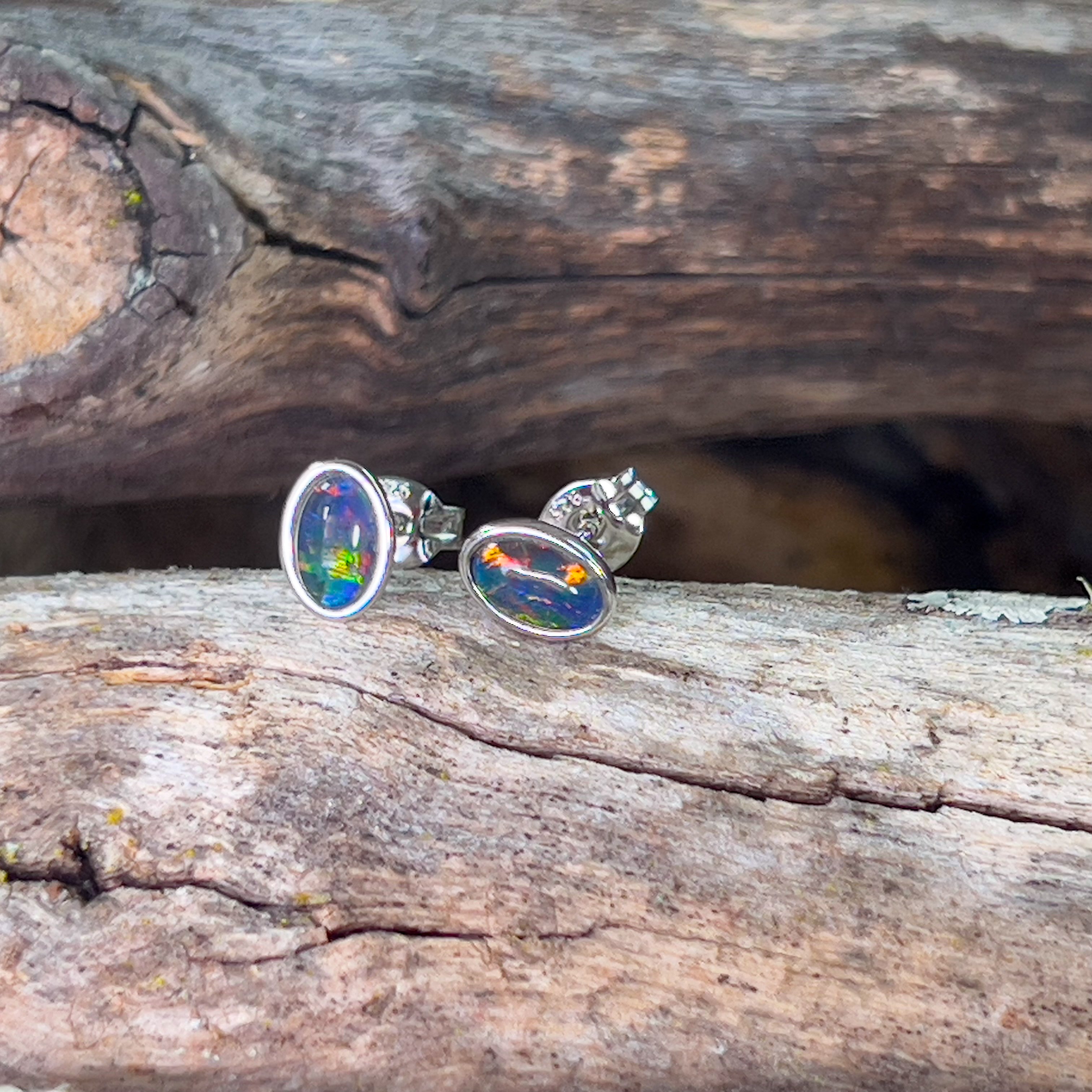 Sterling Silver 7x5mm Opal triplet gem bezel set earrings - Masterpiece Jewellery Opal & Gems Sydney Australia | Online Shop