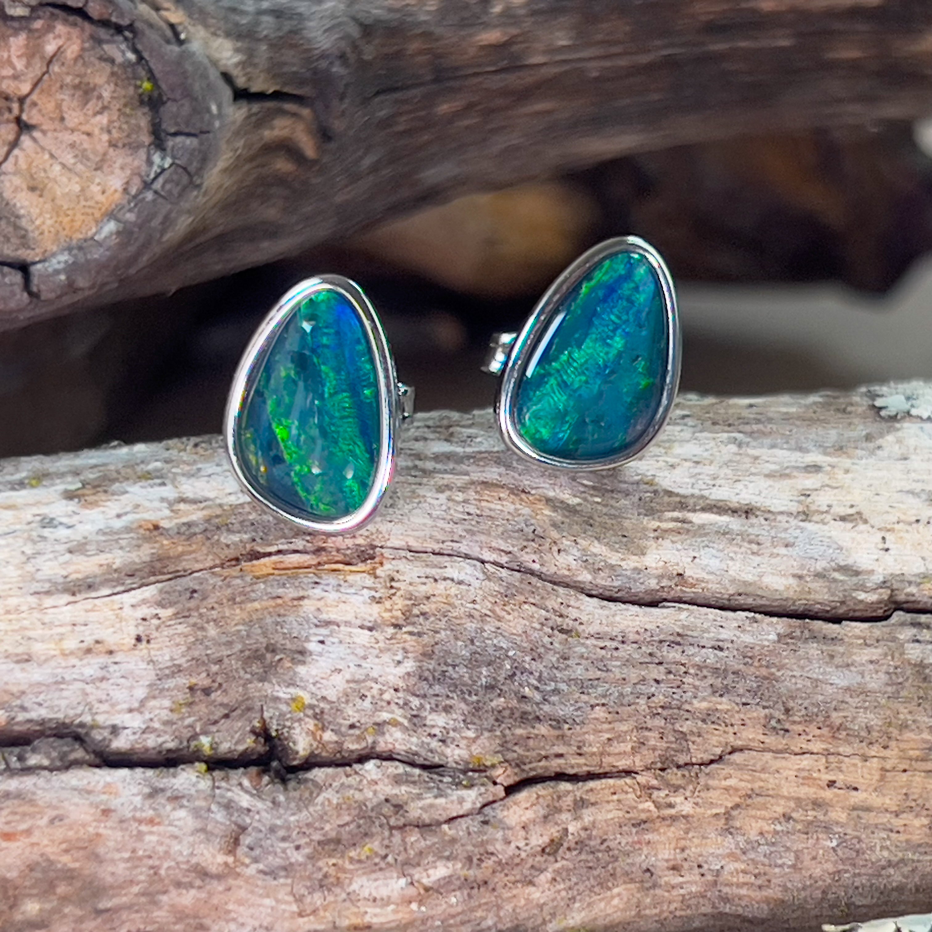Sterling Silver Opal freeform Blue Green triplet studs - Masterpiece Jewellery Opal & Gems Sydney Australia | Online Shop