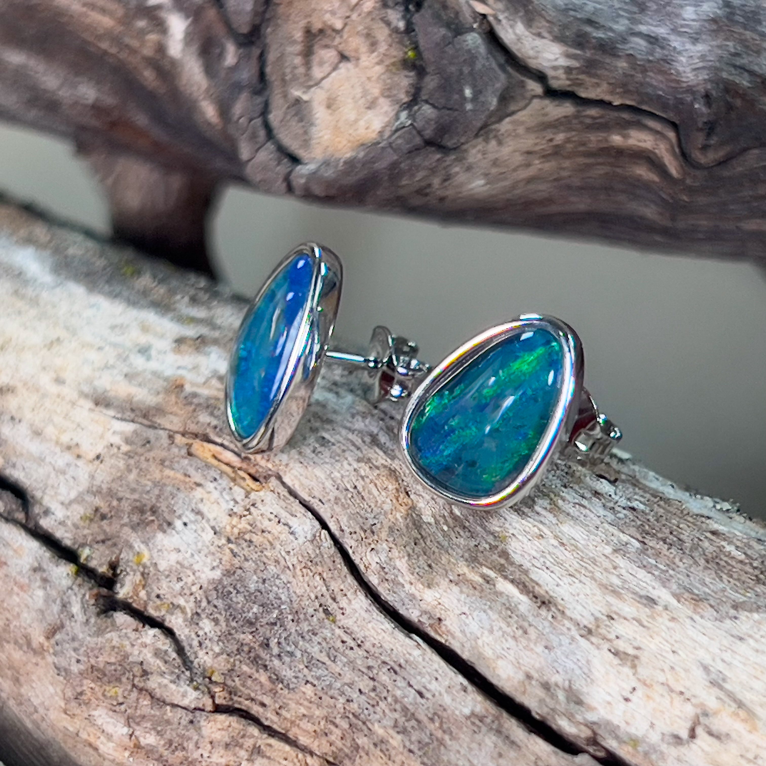 Sterling Silver Opal freeform Blue Green triplet studs - Masterpiece Jewellery Opal & Gems Sydney Australia | Online Shop