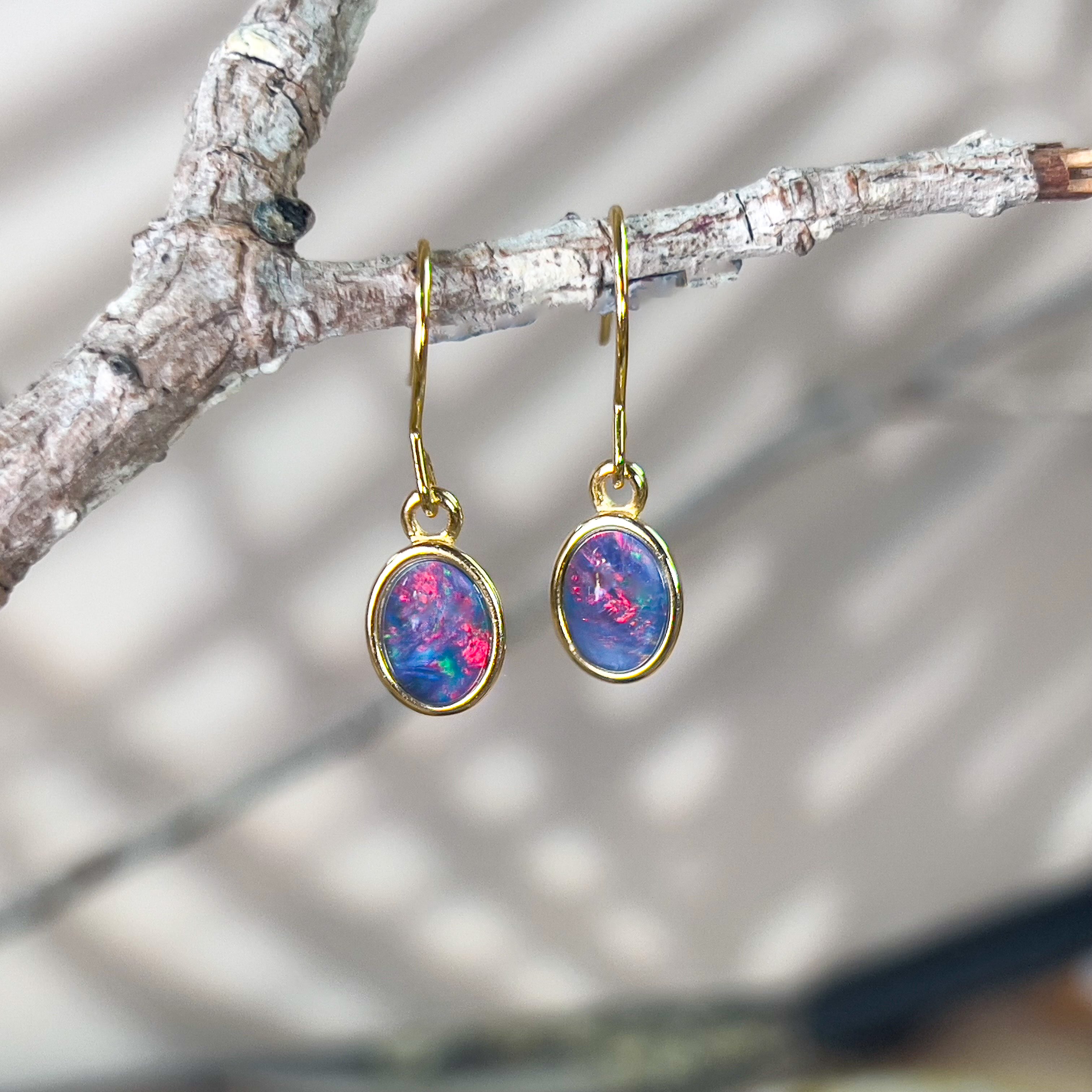 Gold plated dangling Opal triplet oval earring hooks - Masterpiece Jewellery Opal & Gems Sydney Australia | Online Shop