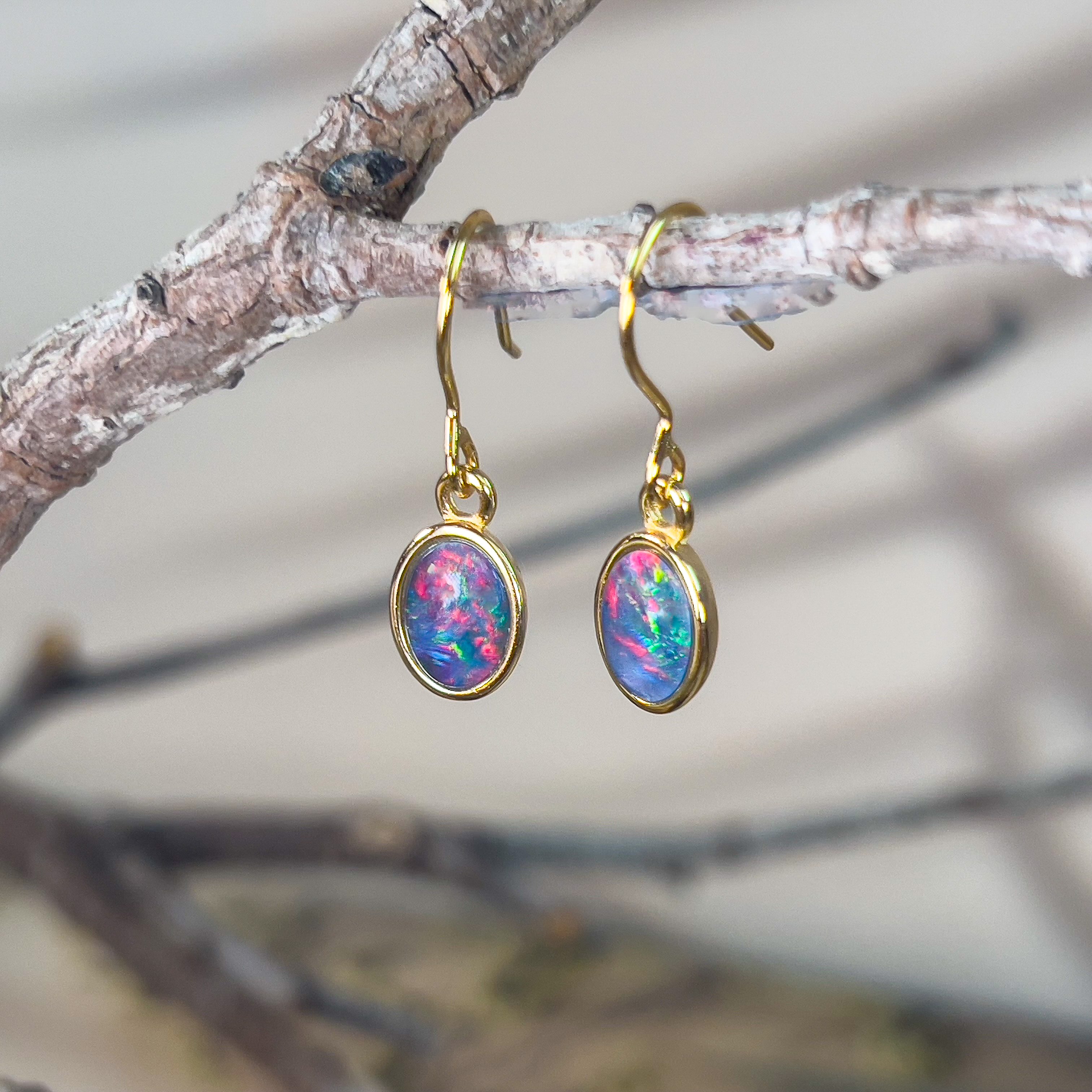 Gold plated dangling Opal triplet oval earring hooks - Masterpiece Jewellery Opal & Gems Sydney Australia | Online Shop