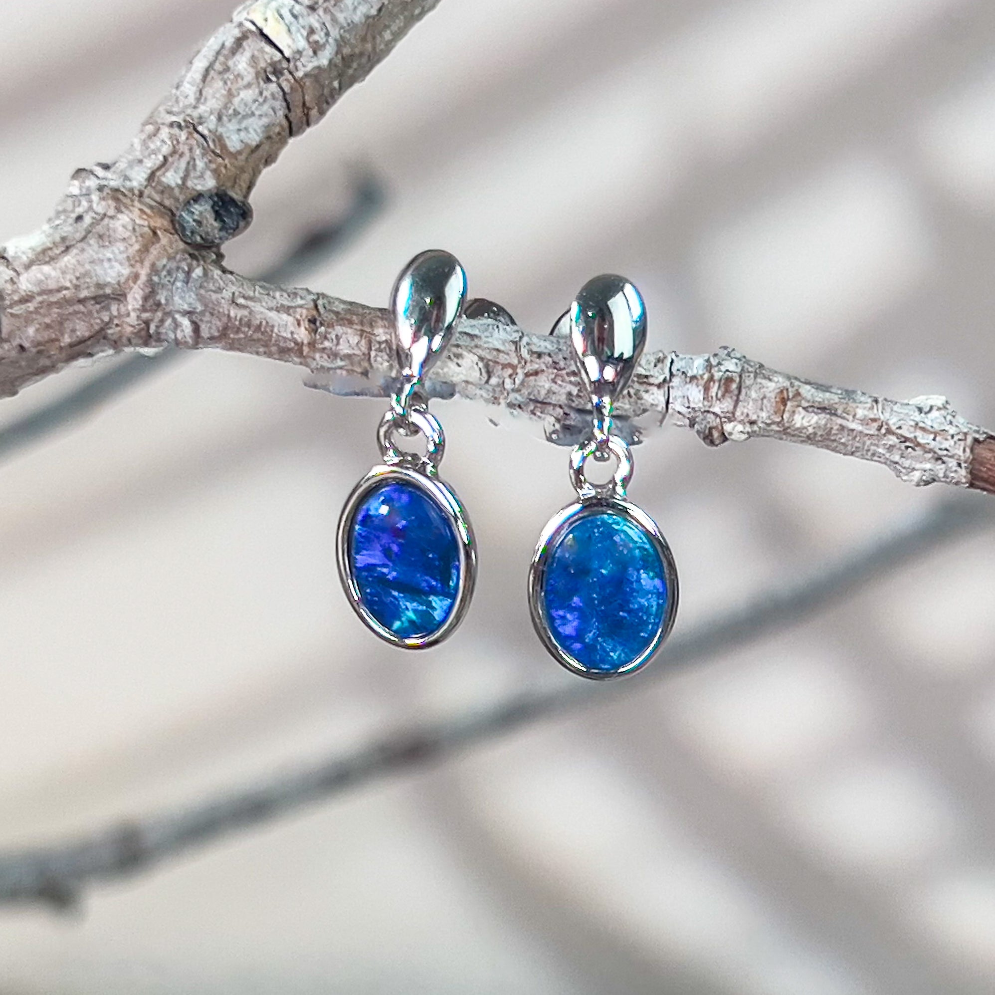 Sterling Silver dangling Oval Opal triplet earrings - Masterpiece Jewellery Opal & Gems Sydney Australia | Online Shop