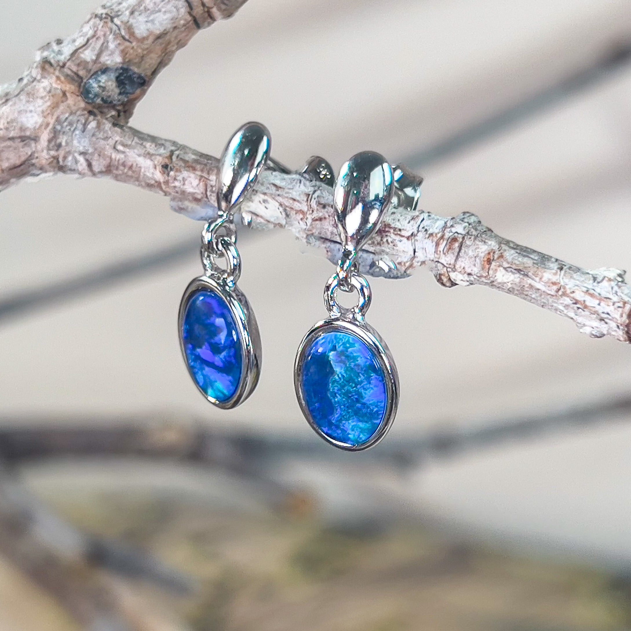 Sterling Silver dangling Oval Opal triplet earrings - Masterpiece Jewellery Opal & Gems Sydney Australia | Online Shop
