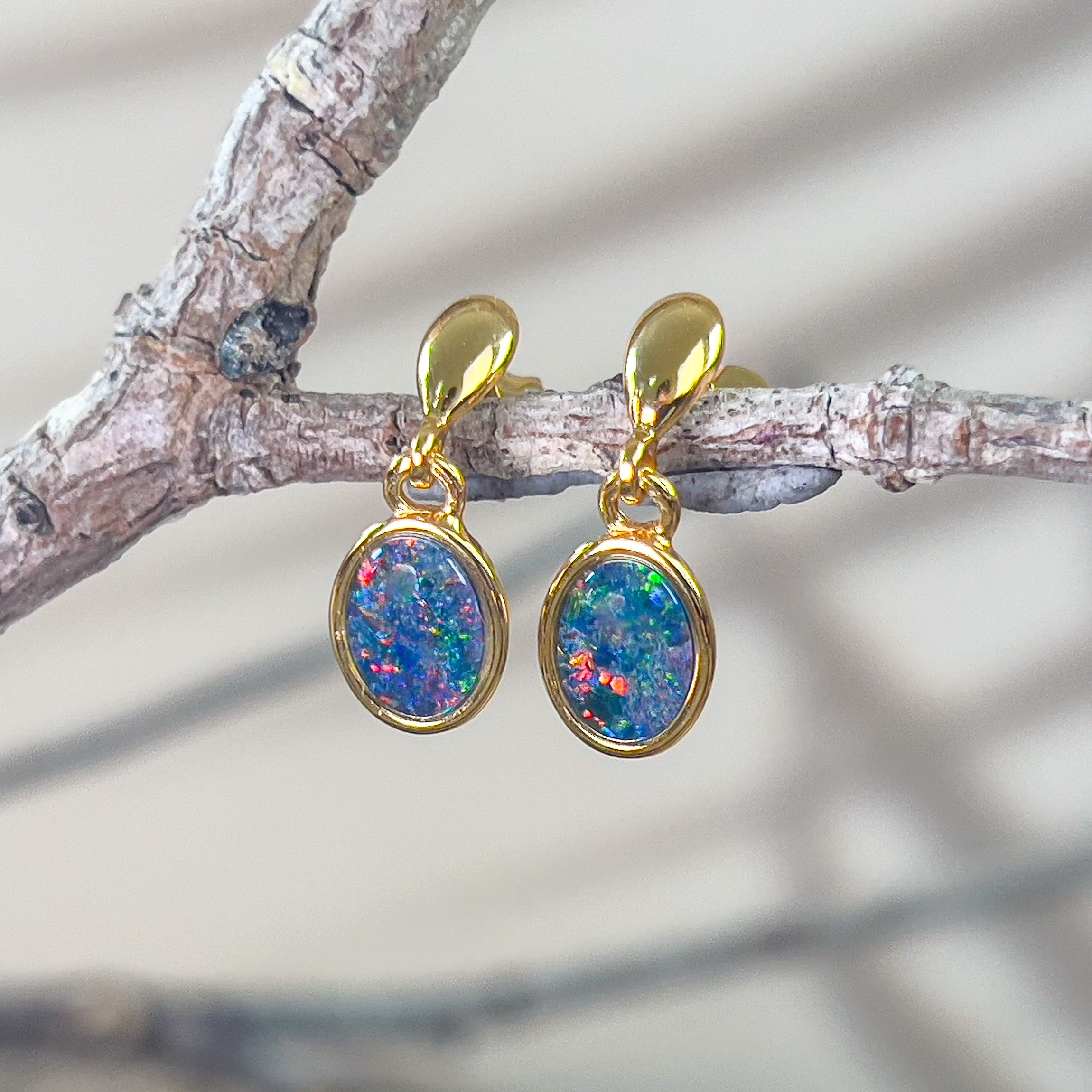 Gold plated silver dangling oval triplet opal earrings - Masterpiece Jewellery Opal & Gems Sydney Australia | Online Shop