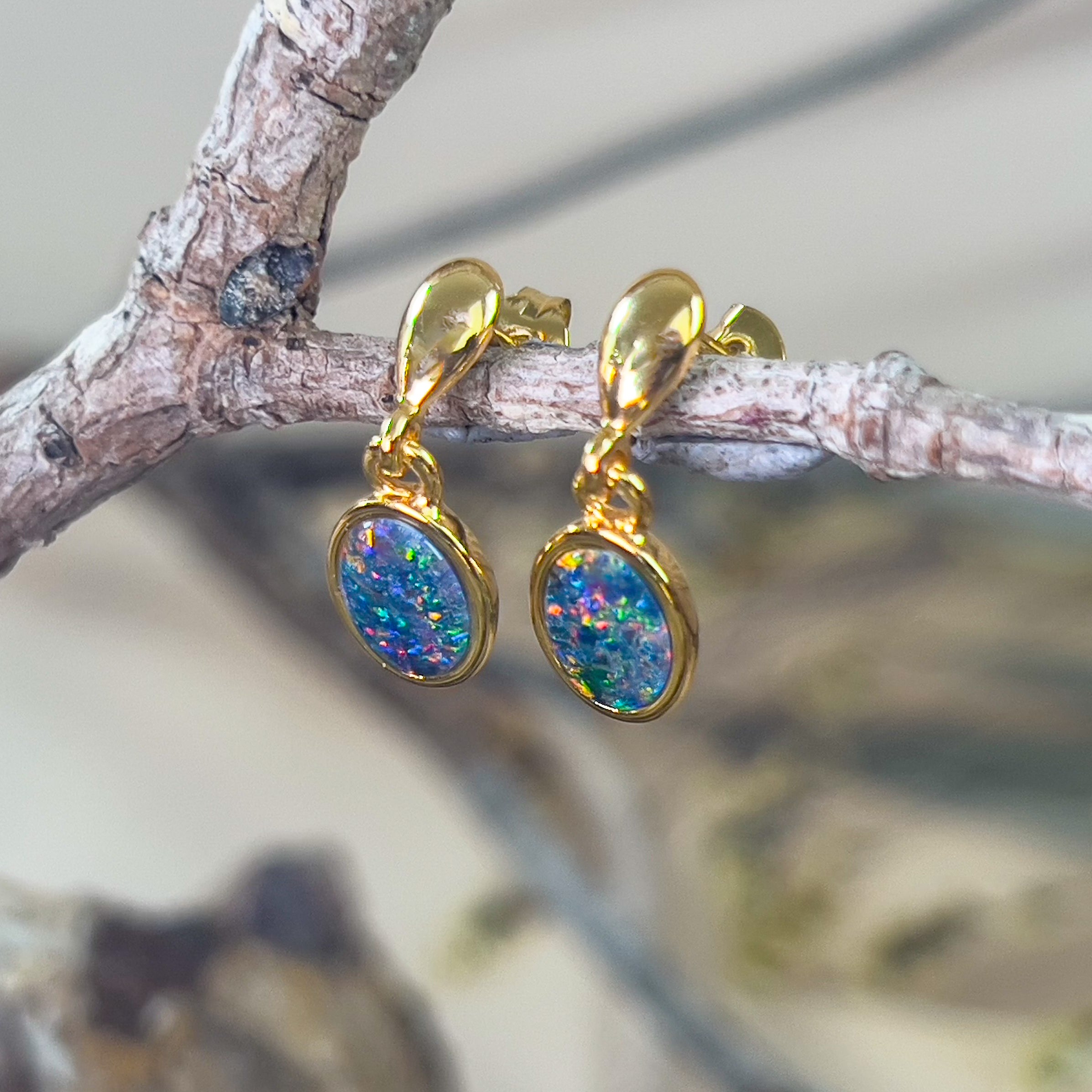 Gold plated silver dangling oval triplet opal earrings - Masterpiece Jewellery Opal & Gems Sydney Australia | Online Shop