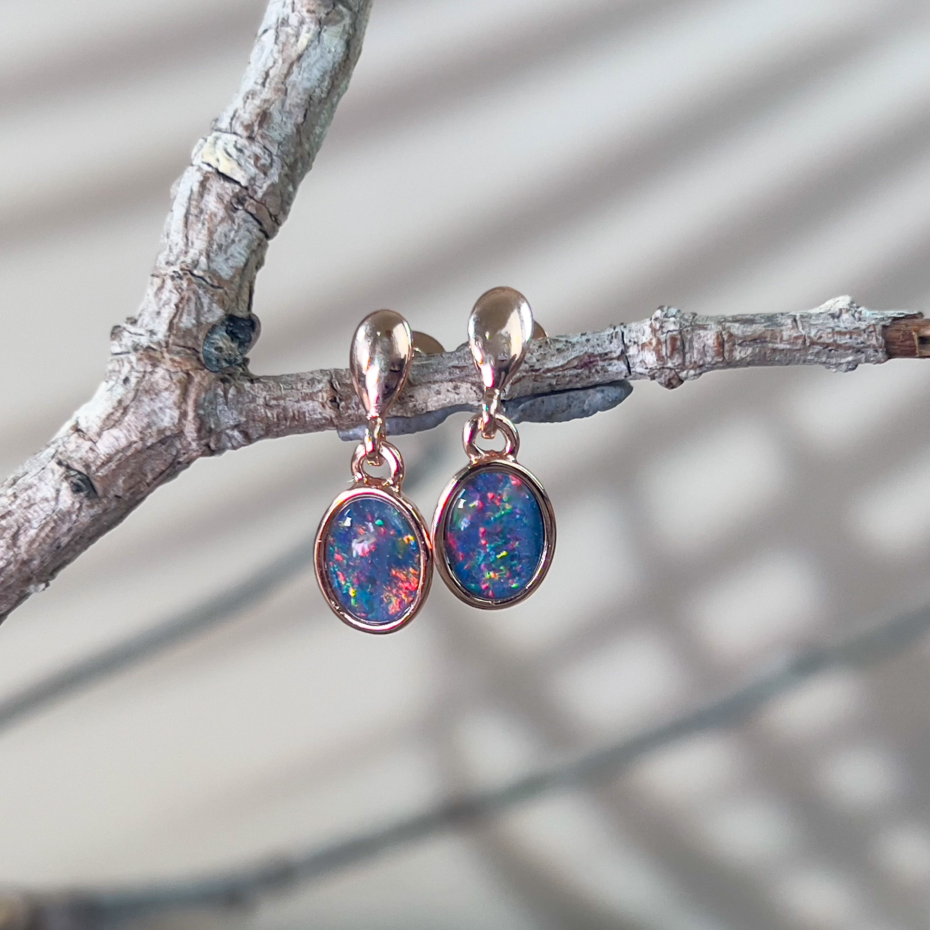 Rose gold plated silver dangling oval opal triplet earrings - Masterpiece Jewellery Opal & Gems Sydney Australia | Online Shop