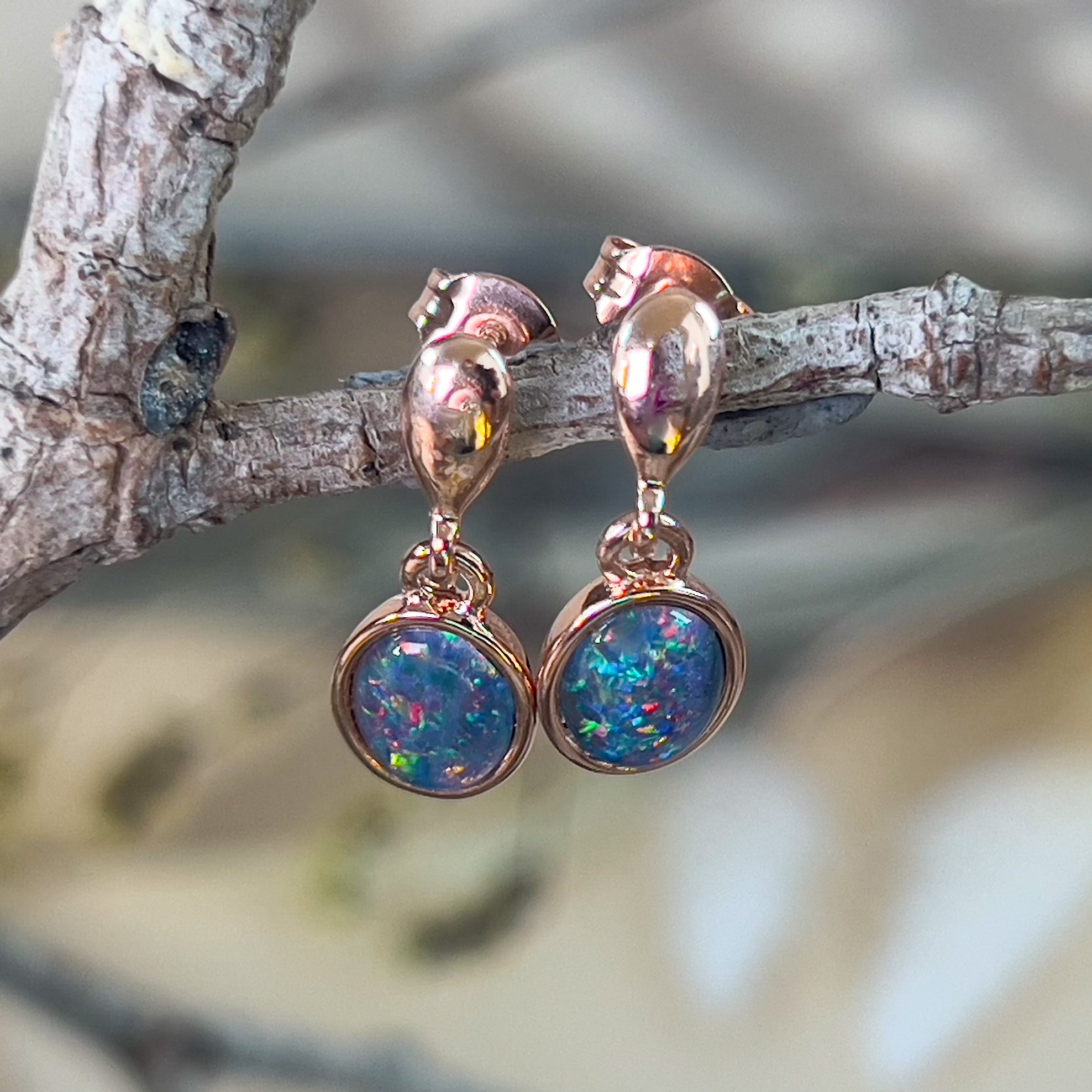 Rose gold plated silver dangling oval opal triplet earrings - Masterpiece Jewellery Opal & Gems Sydney Australia | Online Shop