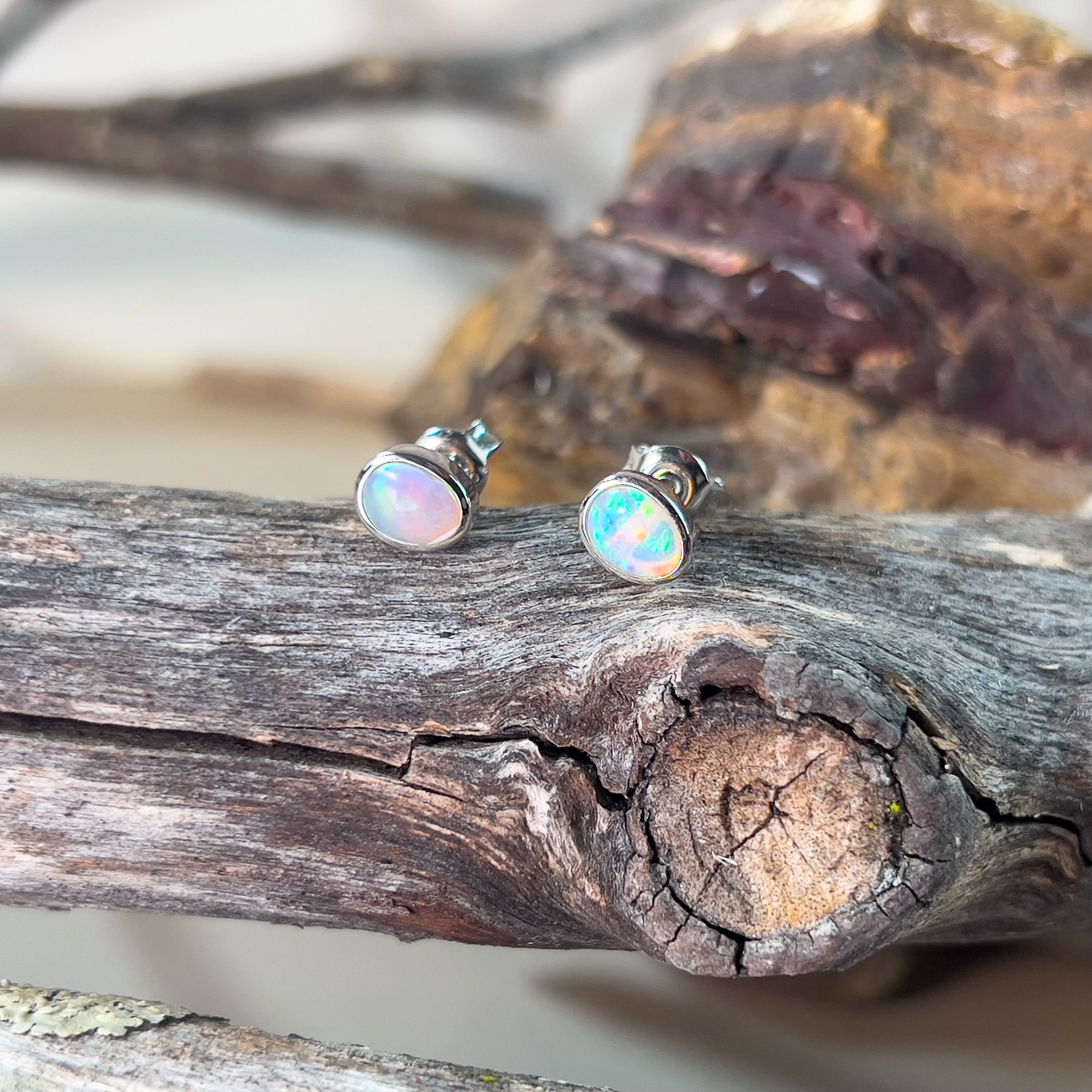 Sterling Silver 6x4mm Black opal studs bezel set earrings - Masterpiece Jewellery Opal & Gems Sydney Australia | Online Shop