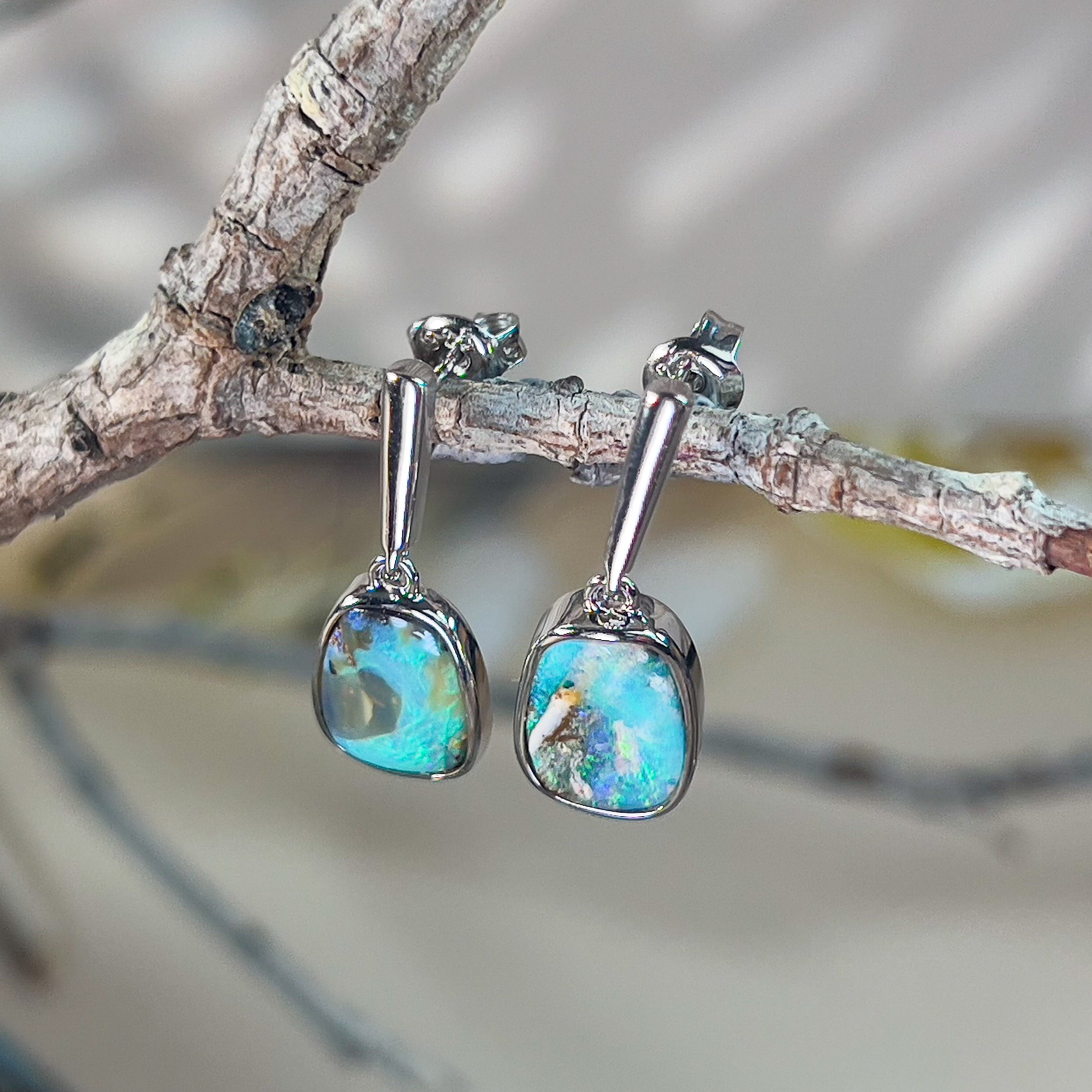Sterling Silver dangling Boulder opal earrings - Masterpiece Jewellery Opal & Gems Sydney Australia | Online Shop