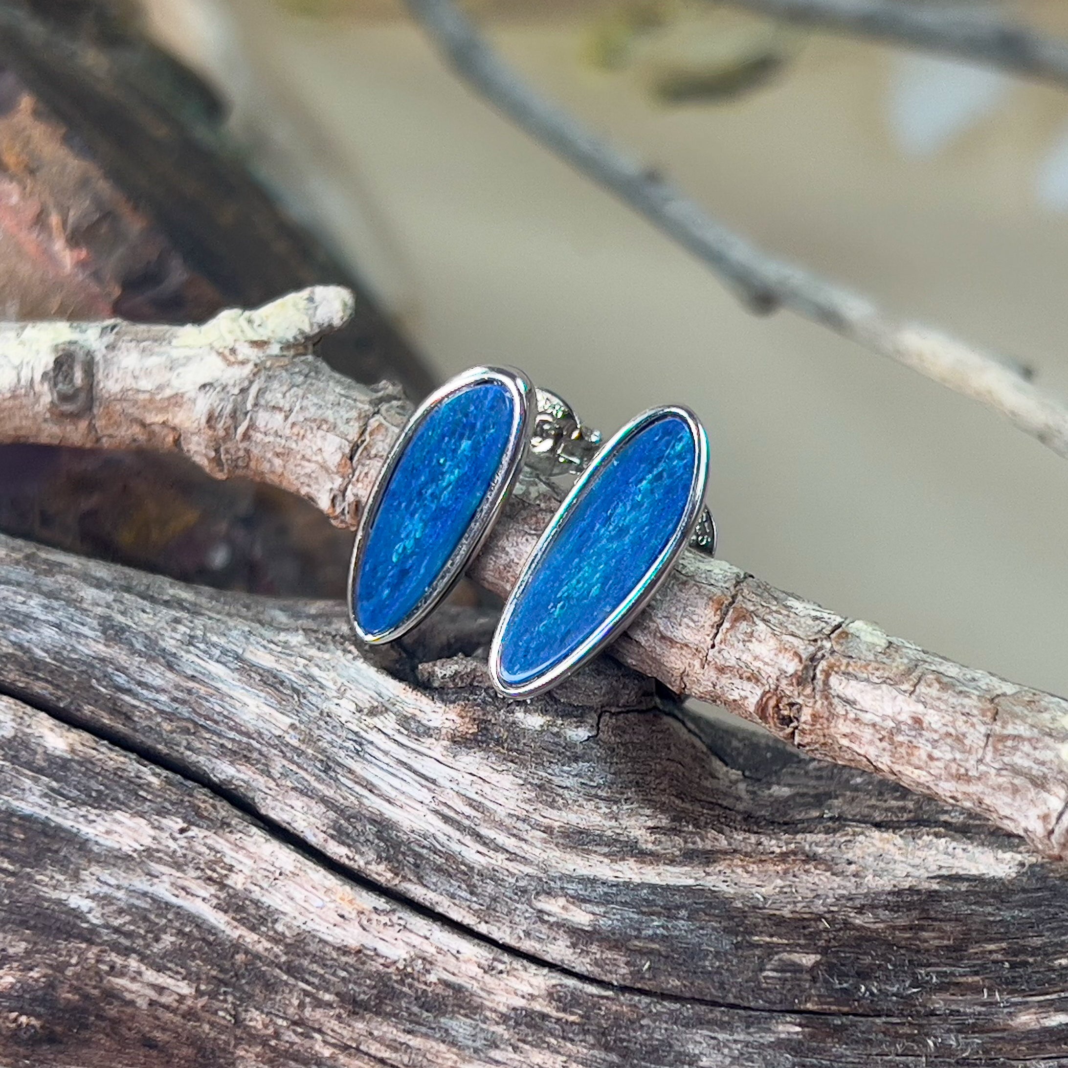 Sterling Silver long studs Blue opal doublets bezel set - Masterpiece Jewellery Opal & Gems Sydney Australia | Online Shop