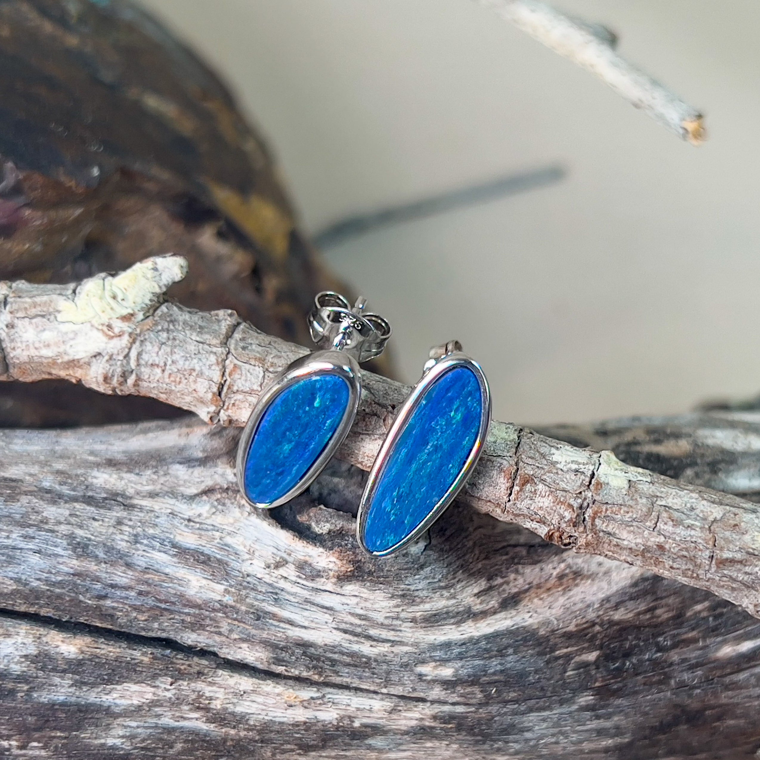 Sterling Silver long studs Blue opal doublets bezel set - Masterpiece Jewellery Opal & Gems Sydney Australia | Online Shop