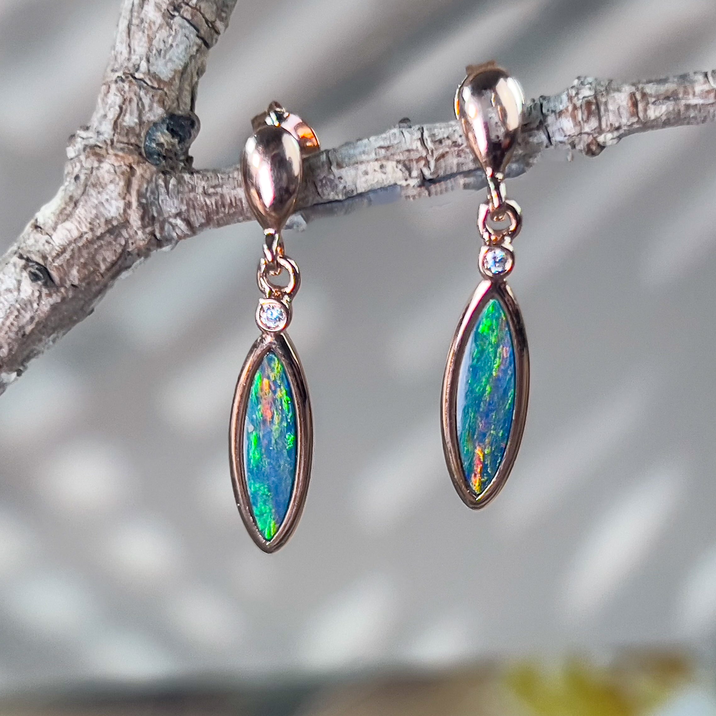 Rose Gold plated Sterling silver dangling marquise shape Opal doublets and cubic zirconia earrings - Masterpiece Jewellery Opal & Gems Sydney Australia | Online Shop