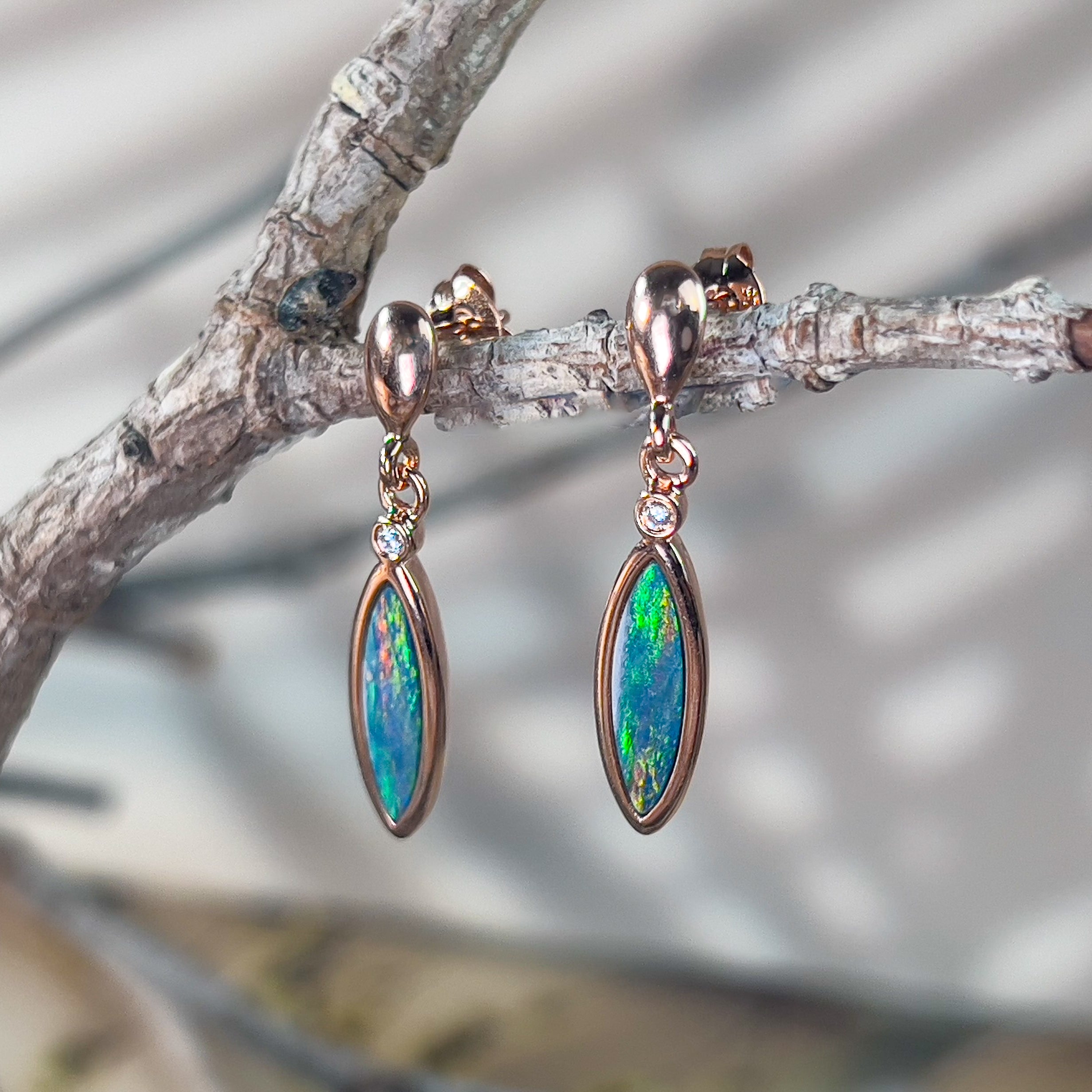 Rose Gold plated Sterling silver dangling marquise shape Opal doublets and cubic zirconia earrings - Masterpiece Jewellery Opal & Gems Sydney Australia | Online Shop