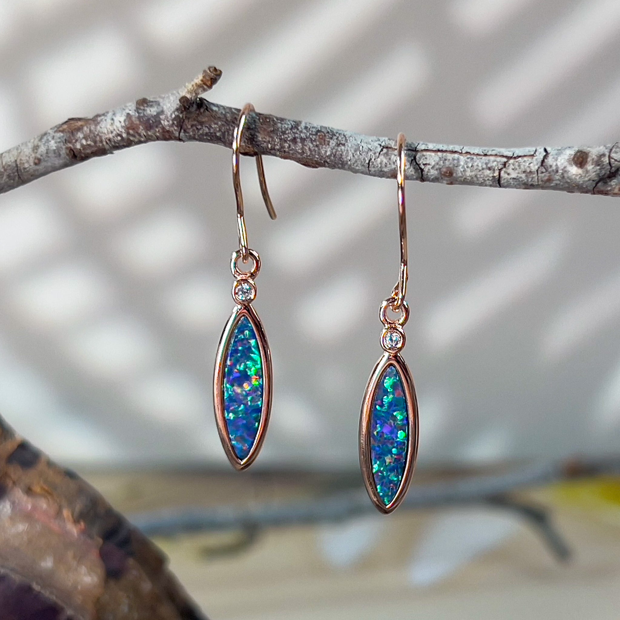 Rose Gold plated silver marquise shape opal doublets dangling - Masterpiece Jewellery Opal & Gems Sydney Australia | Online Shop
